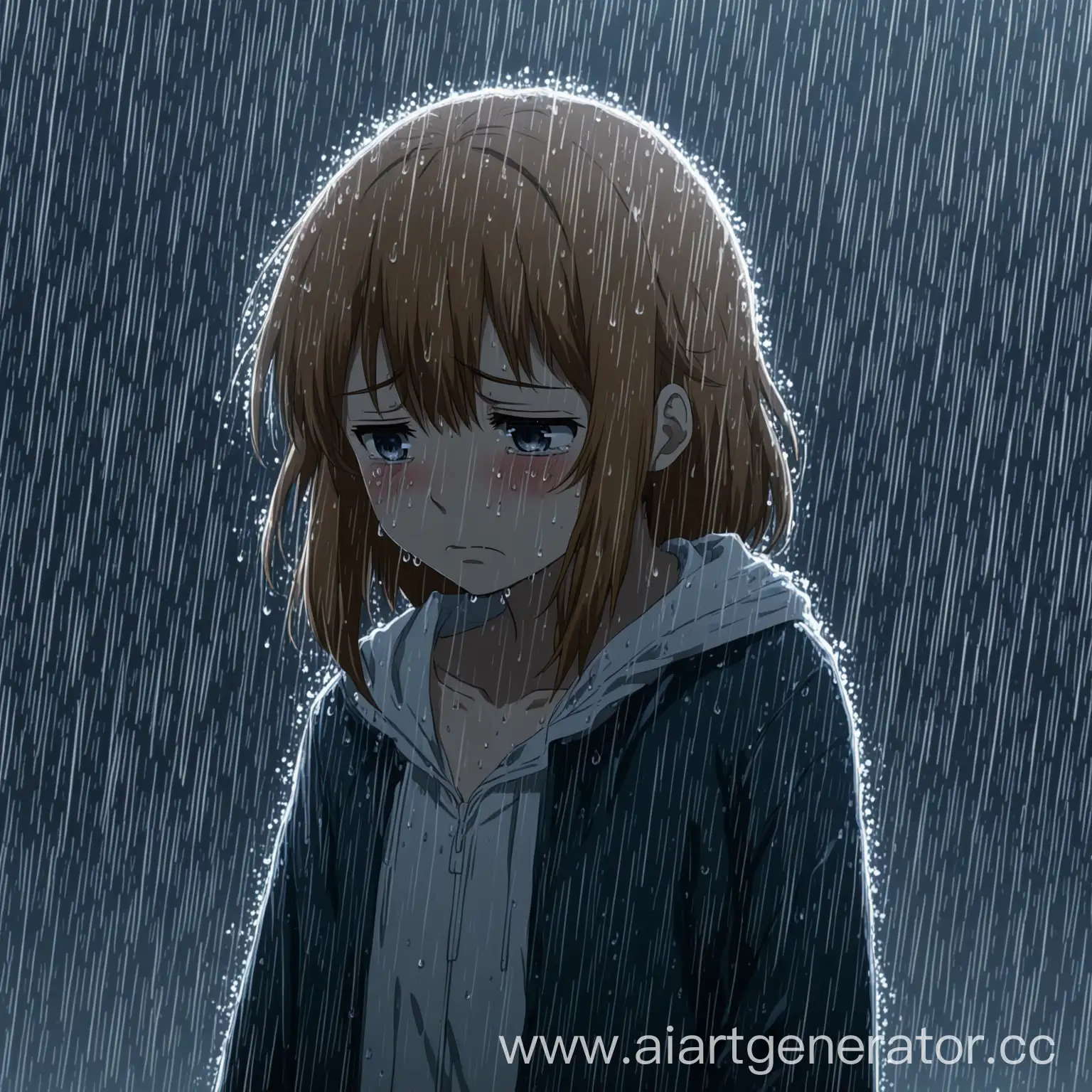 Sad anime girl crying standing in the rain

