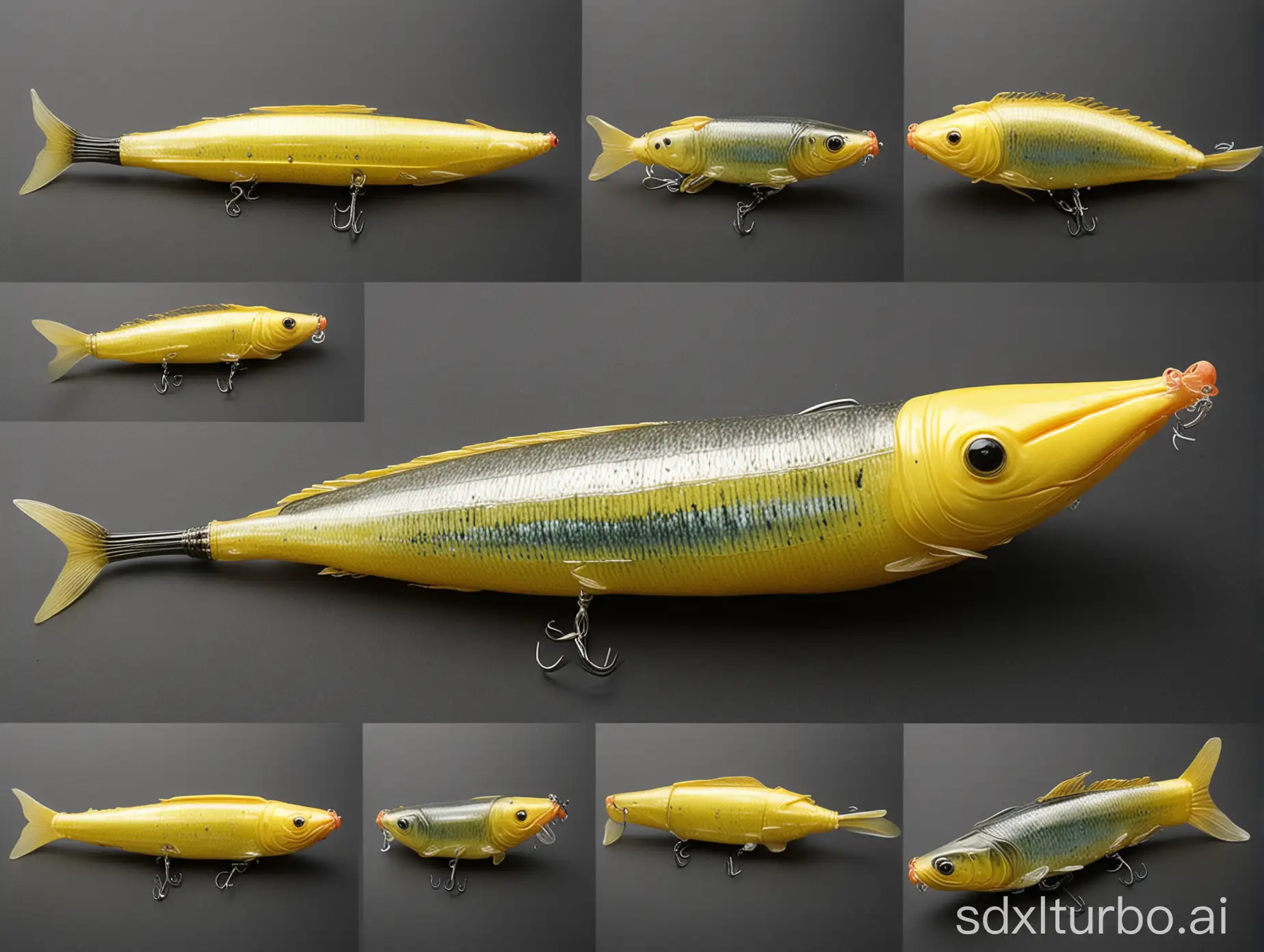 Artificial lure shaped like a banana and with details of a real fish.