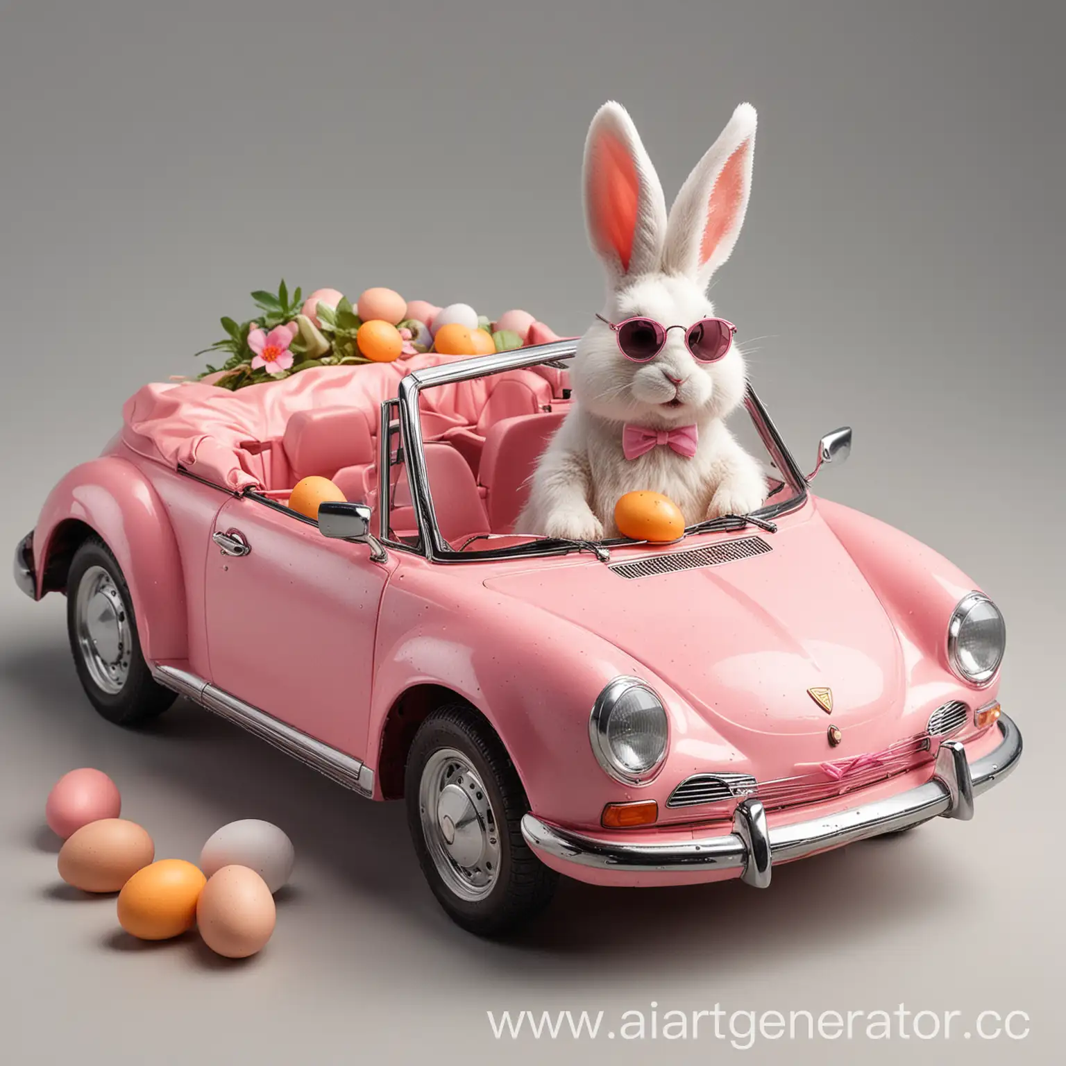 Easter-Bunny-Driving-Pink-Convertible-Overflowing-with-Eggs