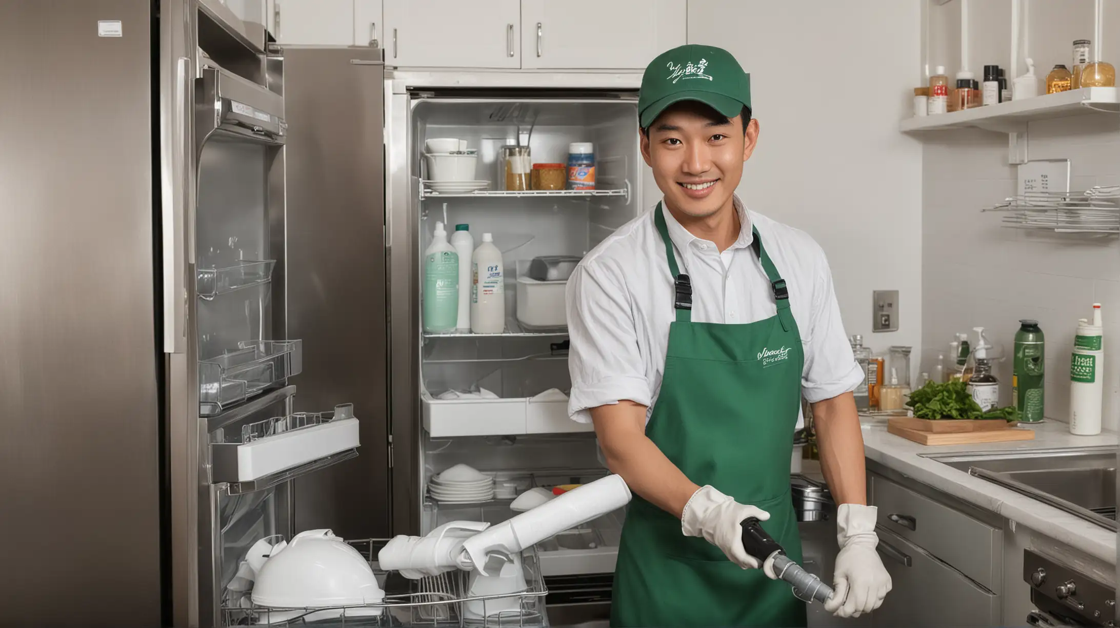 一位中国男家政，戴着棒球帽，戴着白色手套，拿着卡赫牌蒸汽机微笑着正在清洗冰箱，穿着湖绿色围裙。背景是打开的冰箱

