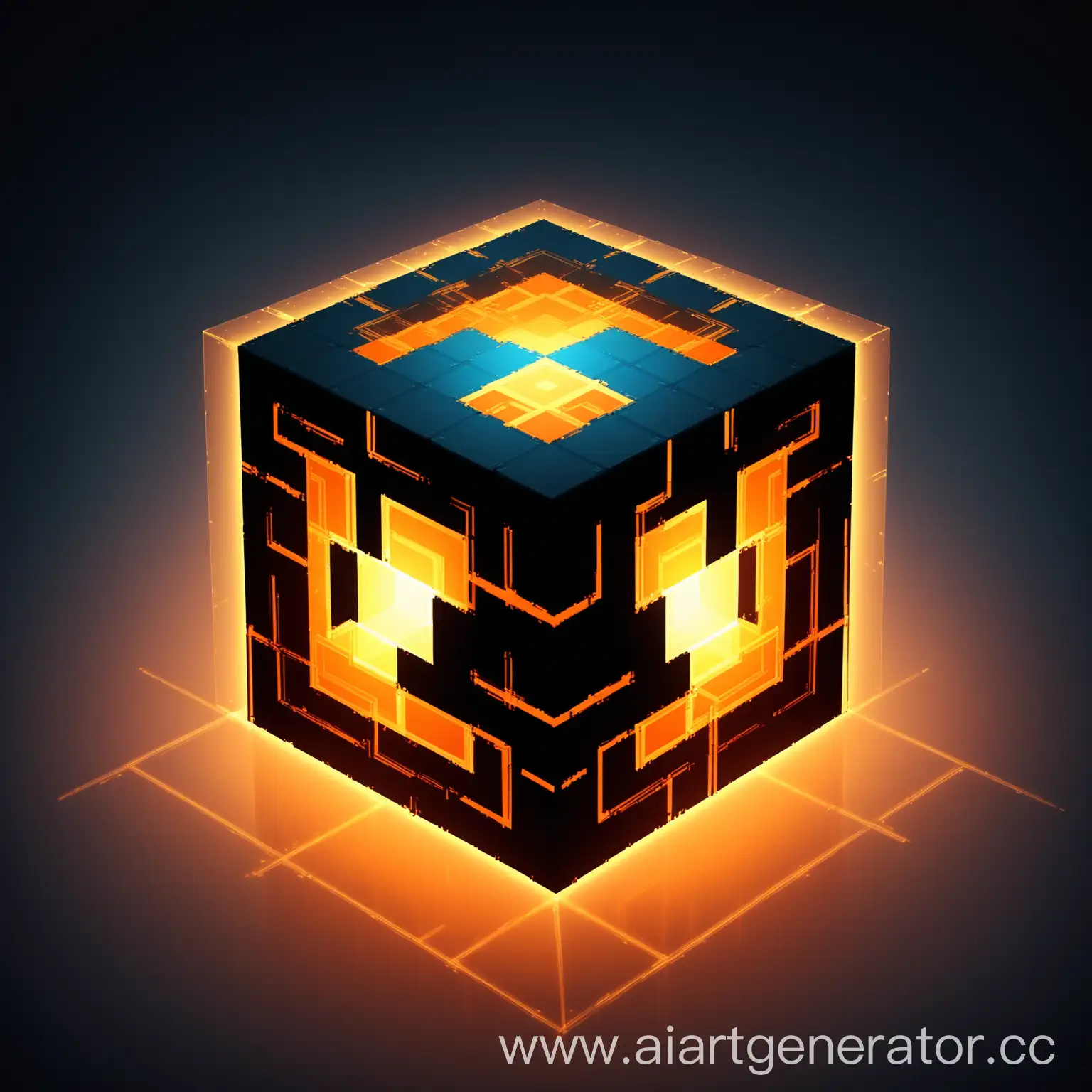 The image presents a cube designed in the iconic style of Minecraft, characterized by its geometric simplicity and block-like structure. However, this cube is unique in that it does not have any solid fills or textures. Instead, its form is defined by glowing lines that delineate the edges, creating an intricate and luminous visual.

The glowing lines form a gradient that transitions smoothly from a rich golden yellow at the lower edges to a vibrant orange at the upper edges. This gradual shift in color creates a warm and inviting visual effect, suggesting that the cube is illuminated from within. The orange hues at the top hint at a more intense source of light or energy, while the golden yellow at the base suggests a softer, glowing radiance.

Since there is no background in the image, the cube appears to be floating freely in a transparent space. This absence of a background emphasizes the cube's luminous edges and adds a futuristic and abstract quality to the design. The floating effect contributes to a sense of depth and space, making it easy to imagine the cube as part of a larger digital or conceptual environment.

The combination of the glowing gradient and the geometric simplicity of the cube creates a striking visual contrast. The transition from yellow to orange implies warmth, energy, and motion, reinforcing the idea that the cube is emanating light. This dynamic appearance can evoke a sense of technology, innovation, or otherworldly realms, making the image suitable for themes related to gaming, technology, and creative design.

Overall, the glowing gradient from golden yellow to vibrant orange, along with the absence of a background, offers a sense of mystery and potential, suggesting that the cube is a key to unlocking a new world or dimension, ready to be explored and utilized in a variety of imaginative contexts.