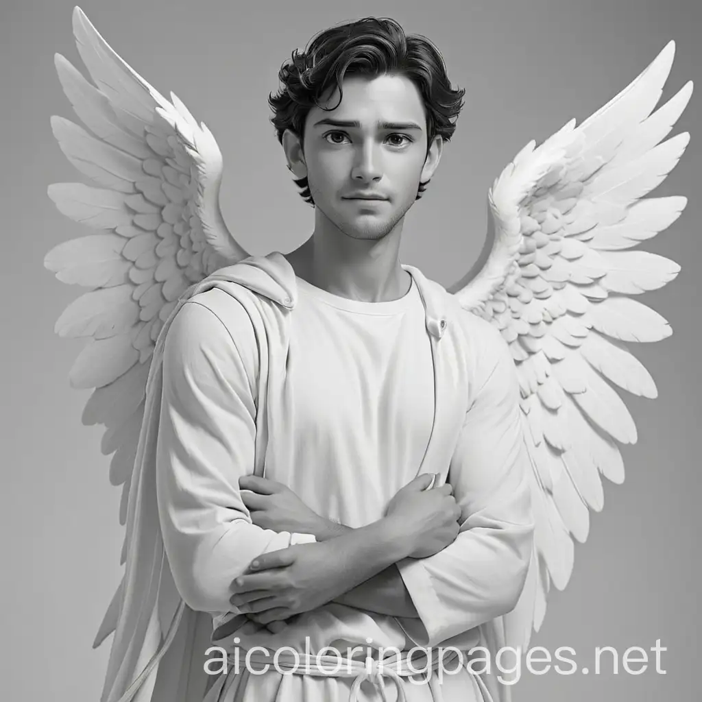 an male guardian angel in love with the man he's supposed to protect, shielding him with his wing, Coloring Page, black and white, line art, white background, Simplicity, Ample White Space. The background of the coloring page is plain white to make it easy for young children to color within the lines. The outlines of all the subjects are easy to distinguish, making it simple for kids to color without too much difficulty