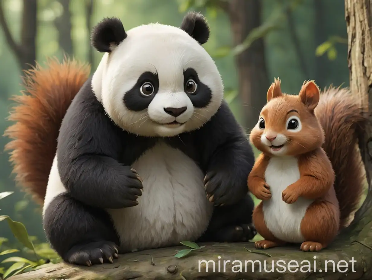 Playful Panda and Squirrel Frolicking in Forest Clearing