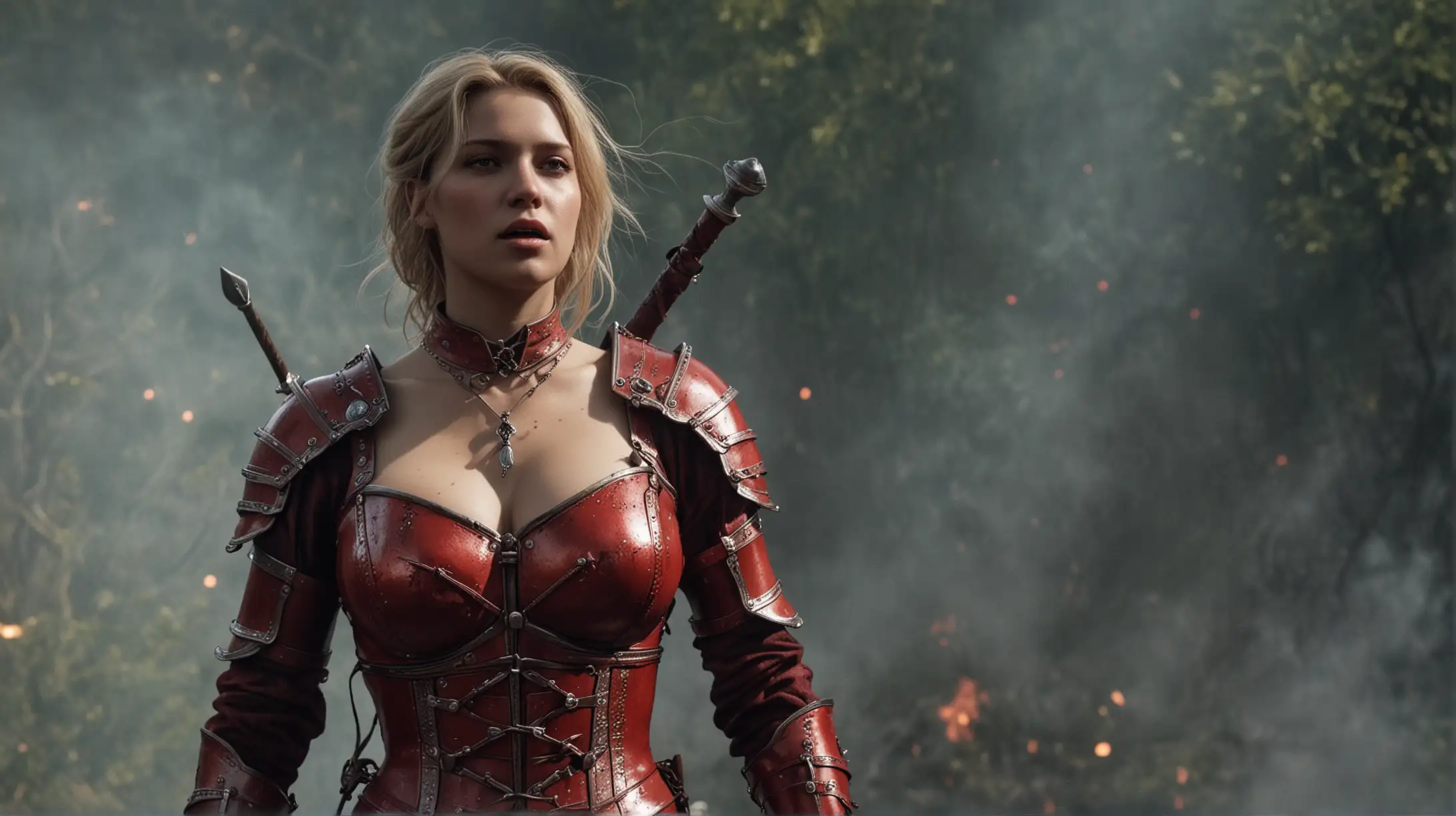 Léa Seydoux, The Witcher game, sexy, detailed red armor, big boobs, magic, fire, fog, smoke