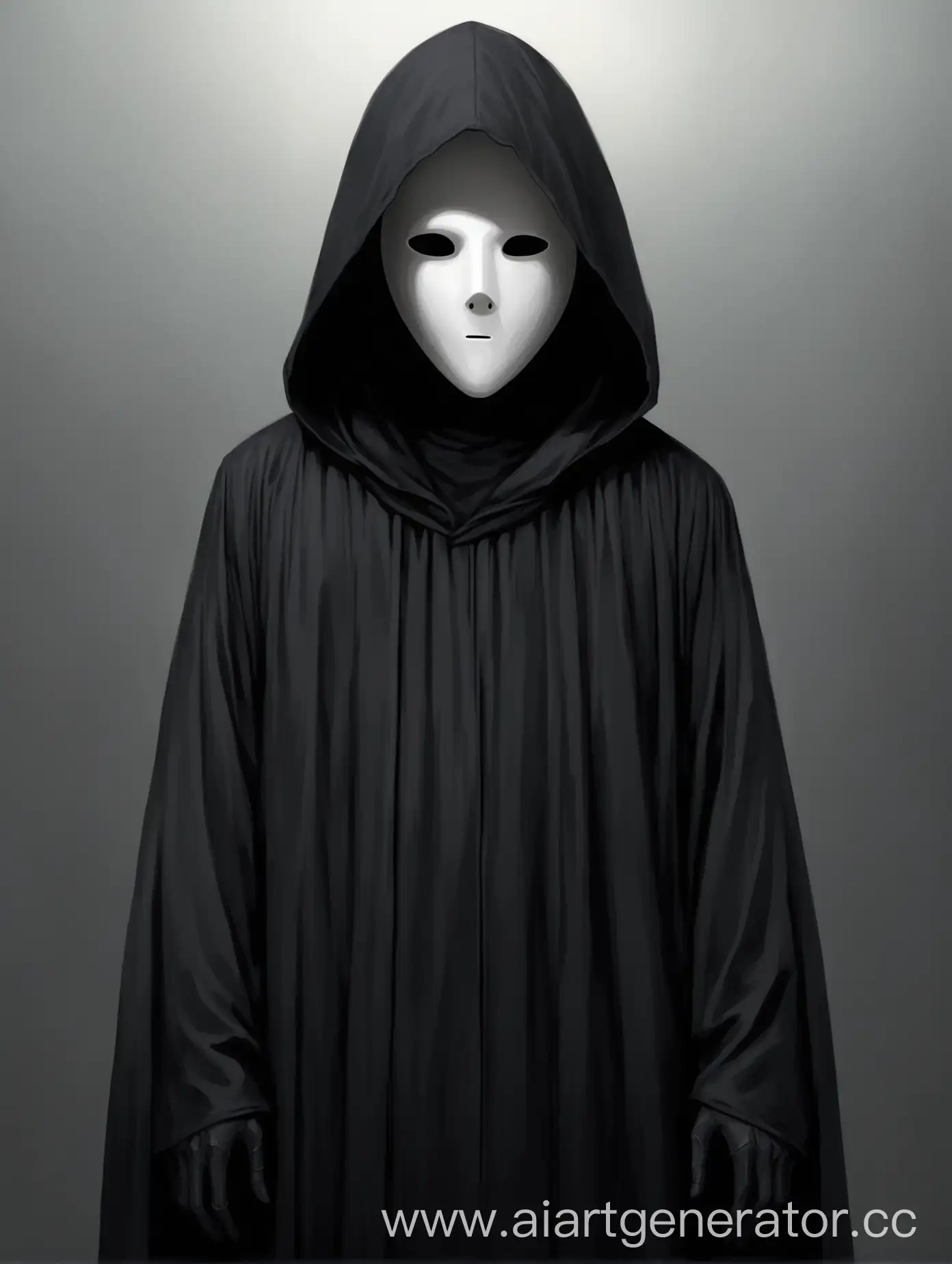 The person, presumably male, is dressed in an all-black robe with a hood, his face hidden behind a faceless mask (An all-white mask without a nose or mouth. A mask that has only two black eye sockets)