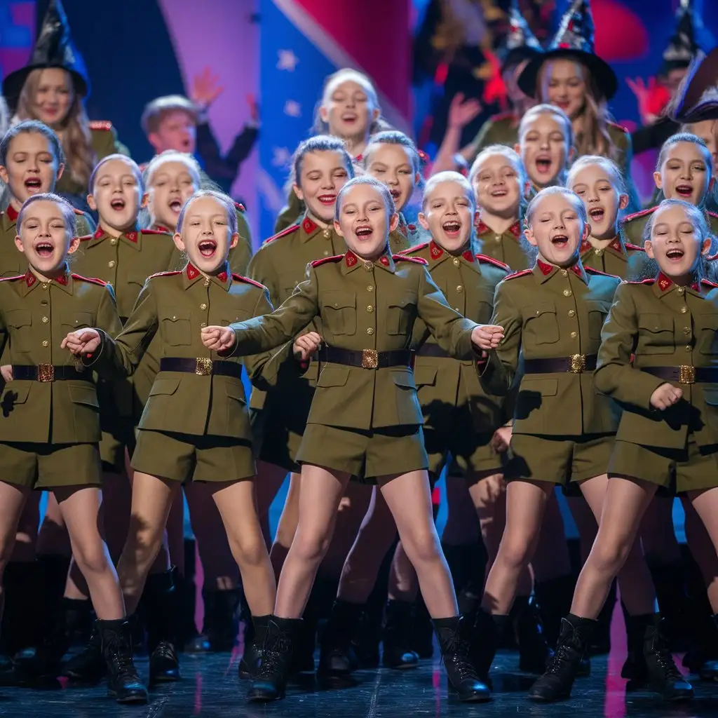 русские девчонки 10 лет на сцене ансамбль "Ночные ведьмы" они одеты в короткую военную форму, колготки, ботинки поют песню