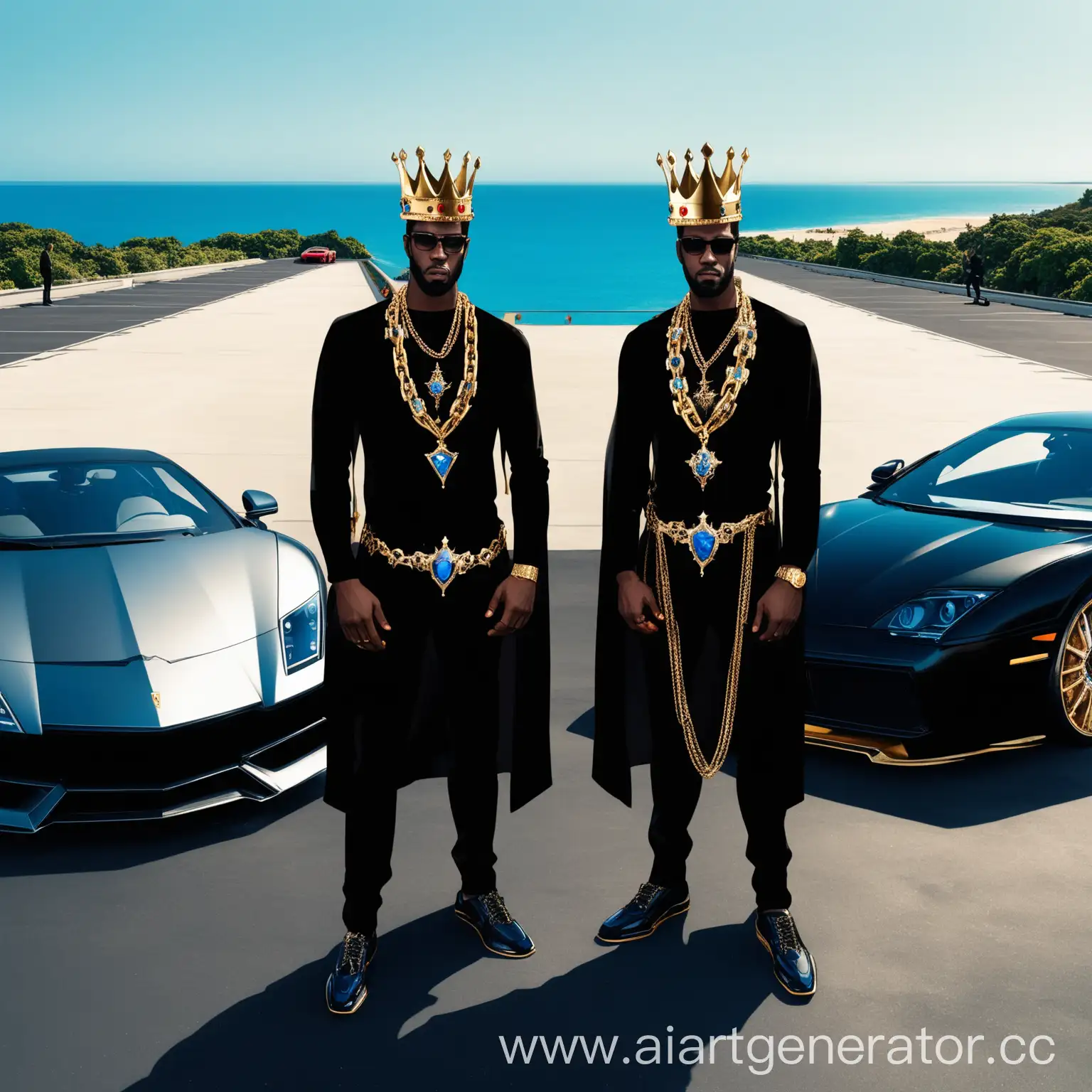 To tall men standing next to each other in black on black wearing gold crown with blue gems on it and the other one wearing a gold crown with red gems on it. Both with big gold neck chains with two luxury cars in the background in a parking lot slighty overlooking a clear blue beach down below over the edge of the parking lot behind them.