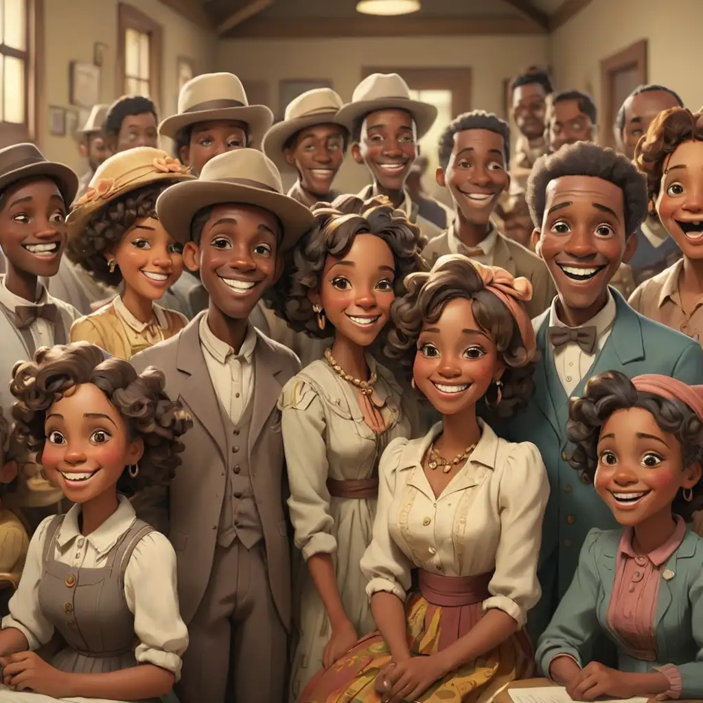 Cheerful African American Community Gathering in Colorful 1900s Cartoon Style