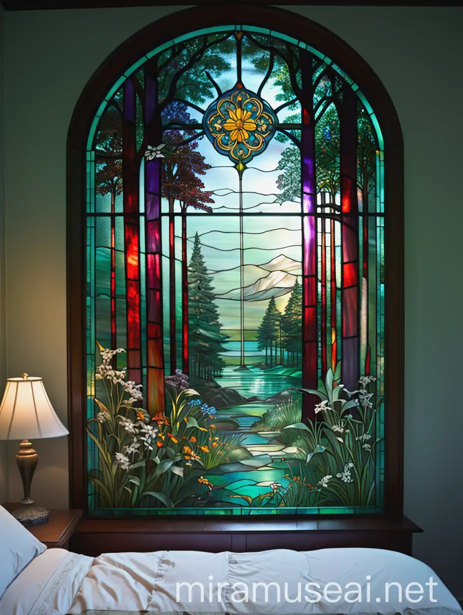 Bedroom Tiffany Stained Glass Window in Forest Colored Glass House