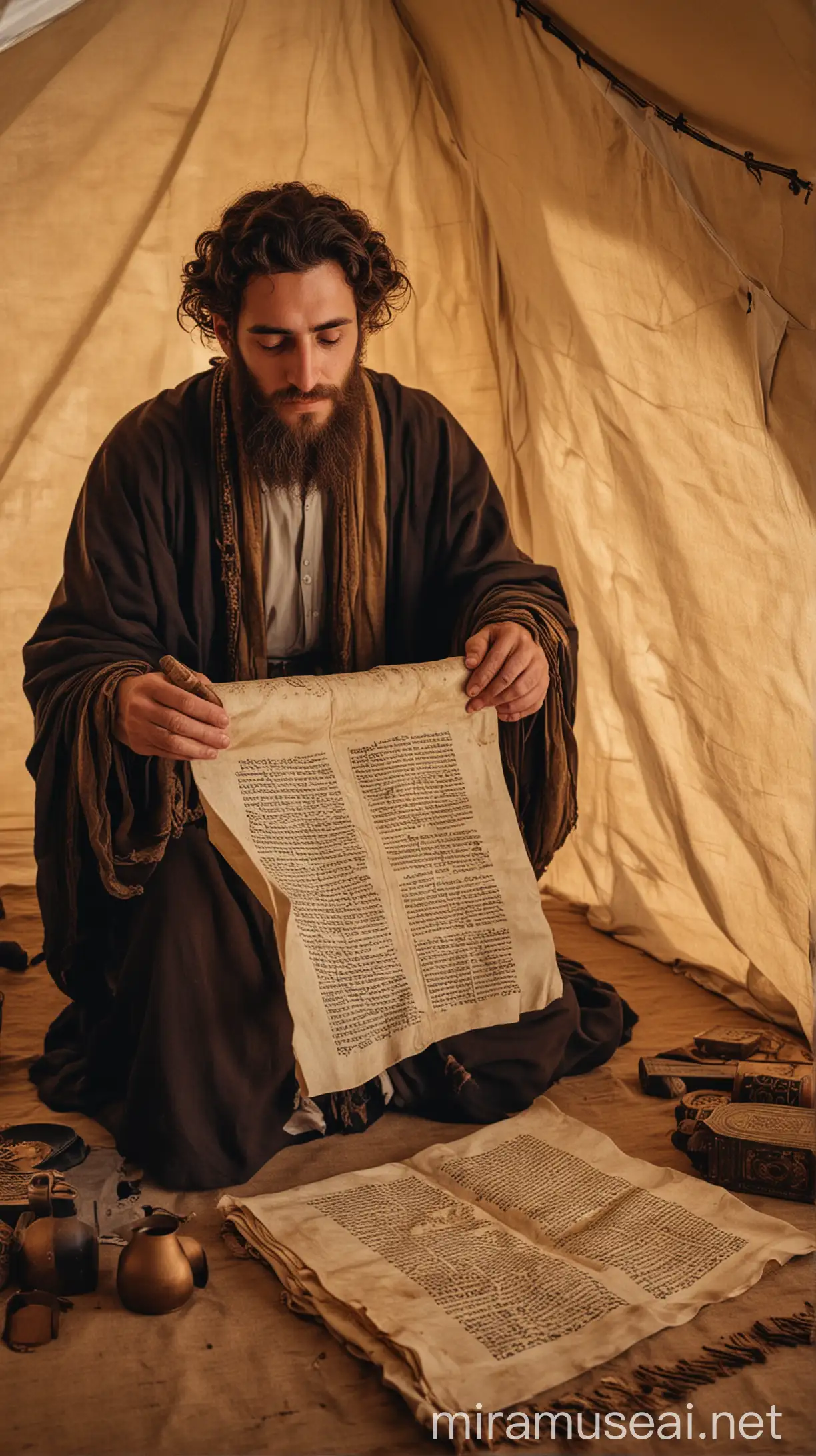 Jewish Man Reading Ancient Scroll in Ancient Tent