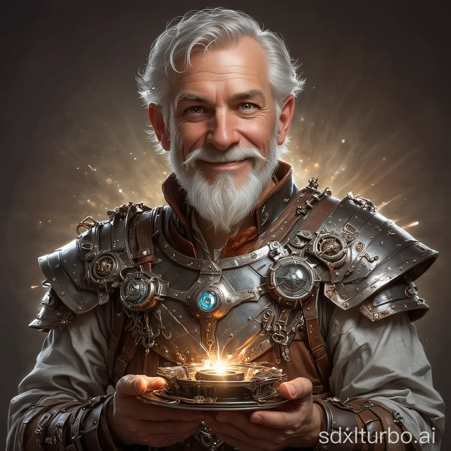 Create a high resolution image about "Dungeons & Dragons" and "Artificer". Show a contemplative man of 35 years with a short, grey beard wearing a magic-steampunk plate-armor. He smiles benignly while holding a gizmo and a spark in his hand. Also his eyes sparkle with a hint of white magic.