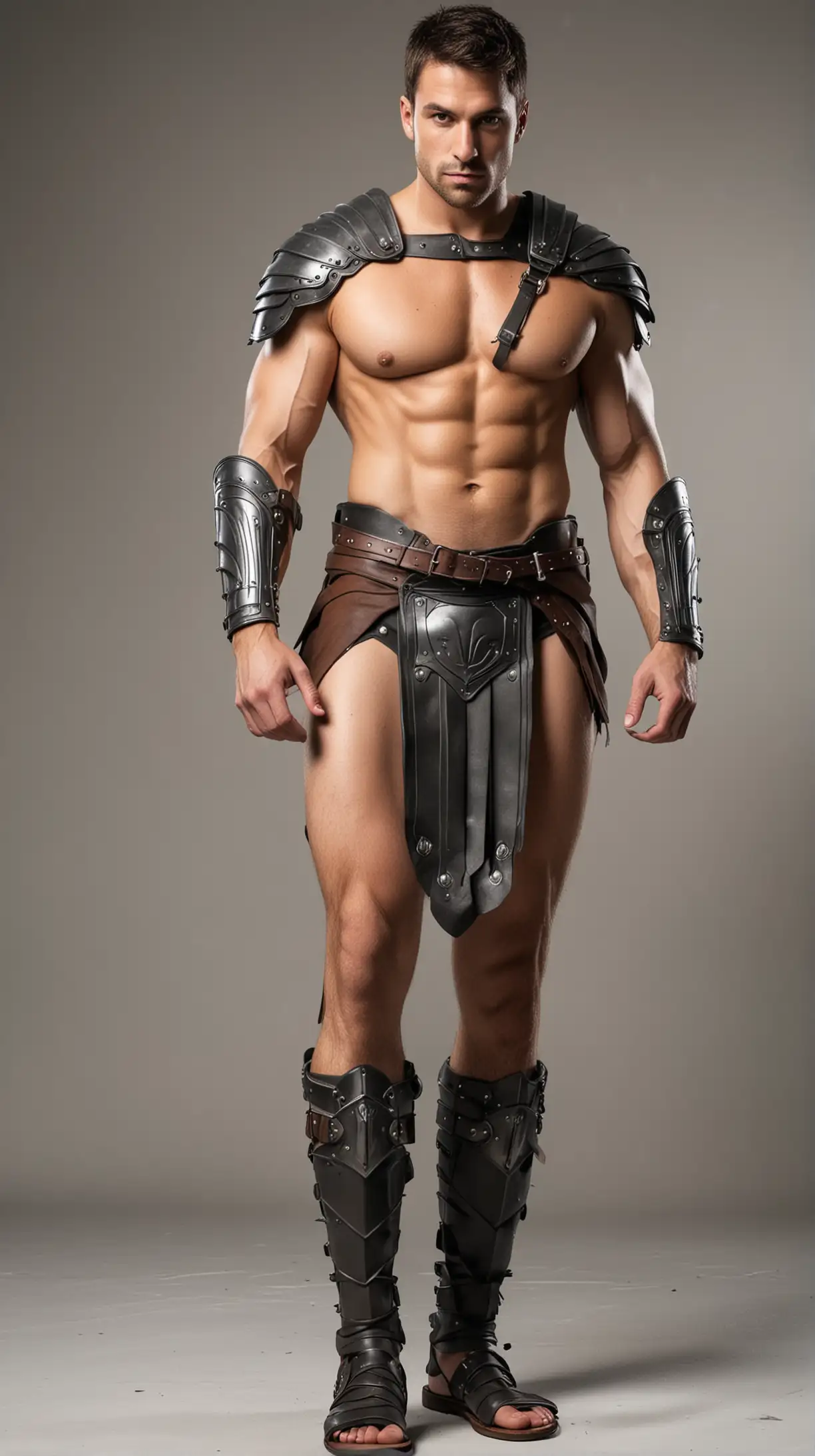 background removed, steel body armor covering his torso, muscular male Spartan warrior, sandals, bare legs, naked thighs, very short leather kilt, steel body armor covers chest area, cloak, cleanshaven