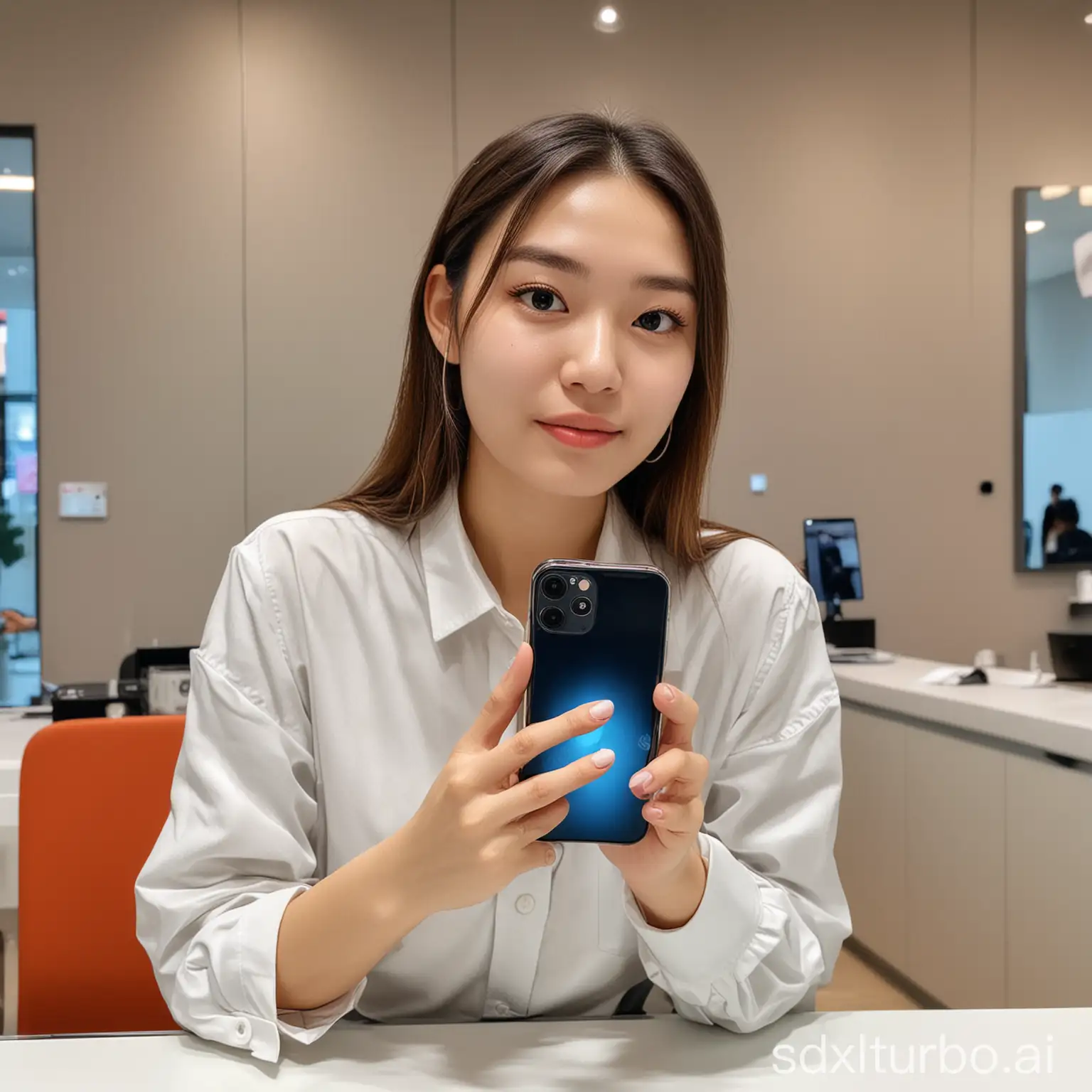 The girl sales consultant in hand with iPhone 15 Pro Max, she is in a communication salon, she is advertising this model of phone