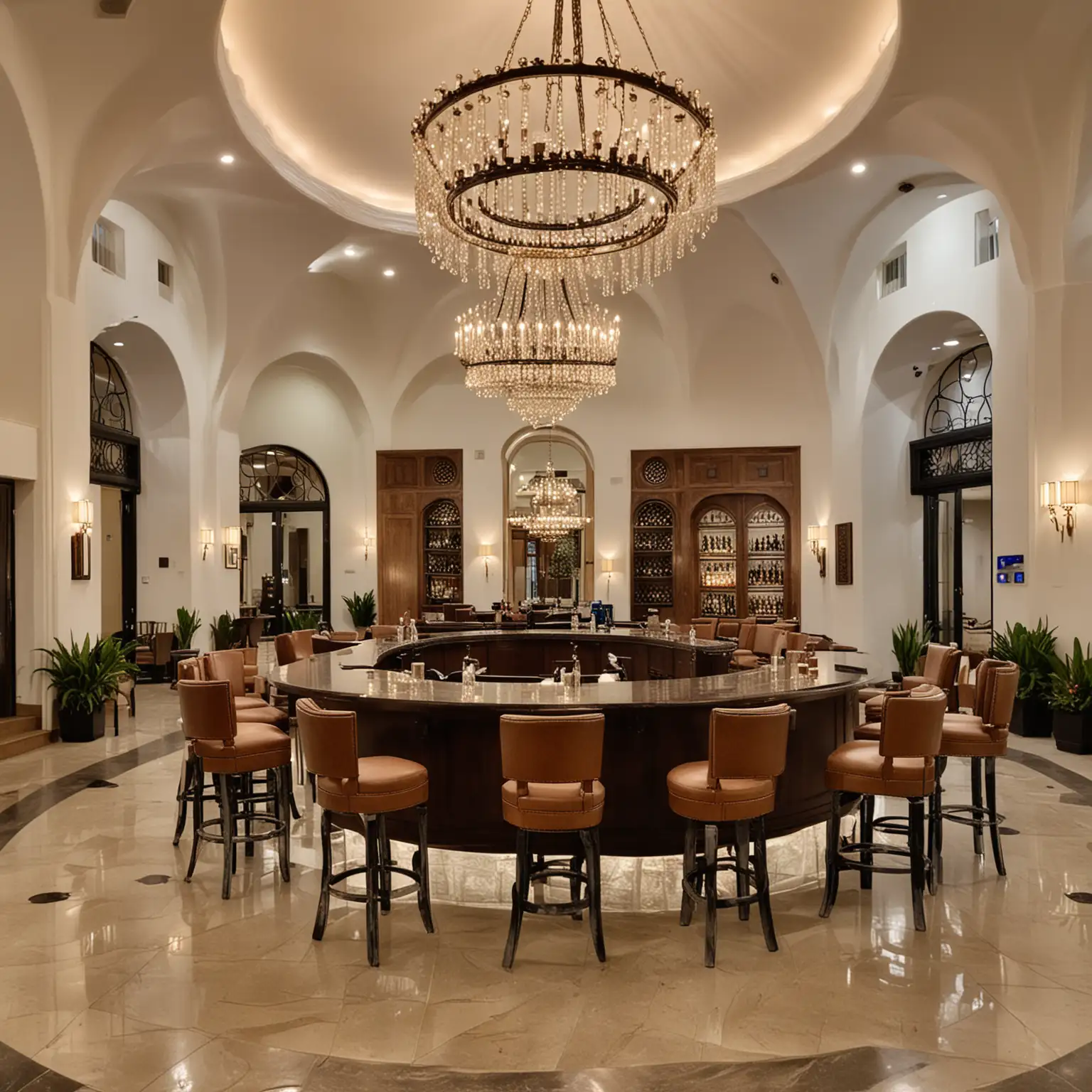 modern spanish colonial themed hotel circular bar in the middle of hotel lobby with large chandelier above and 40 barstools