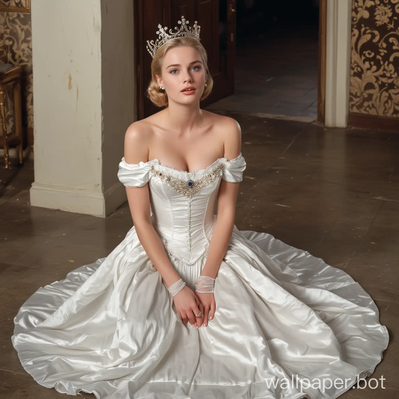 In men's public dirty toilet, the white, sad, beautiful blue-eyed blonde, young actress Grace Kelly, with a crown on her knees, is wearing a white silk off-shoulder sleeveless dress, a white silk push-up corset, and white silk opera length gloves. She has disgust on her face. The white Queen Grace Kelly, with a crown, begs on her knees in front of two black, afro male, dirty hobos or tramps with their pants down. The queen's mouth is open extra wide. View from above