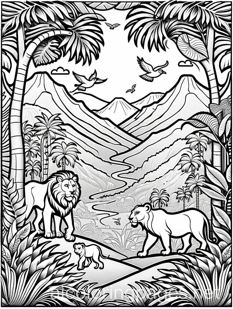 Jungle Safari: Let children explore the wild with lions, tigers, elephants, monkeys swinging from trees, and vibrant tropical birds., Coloring Page, black and white, line art, white background, Simplicity, Ample White Space. The background of the coloring page is plain white to make it easy for young children to color within the lines. The outlines of all the subjects are easy to distinguish, making it simple for kids to color without too much difficulty