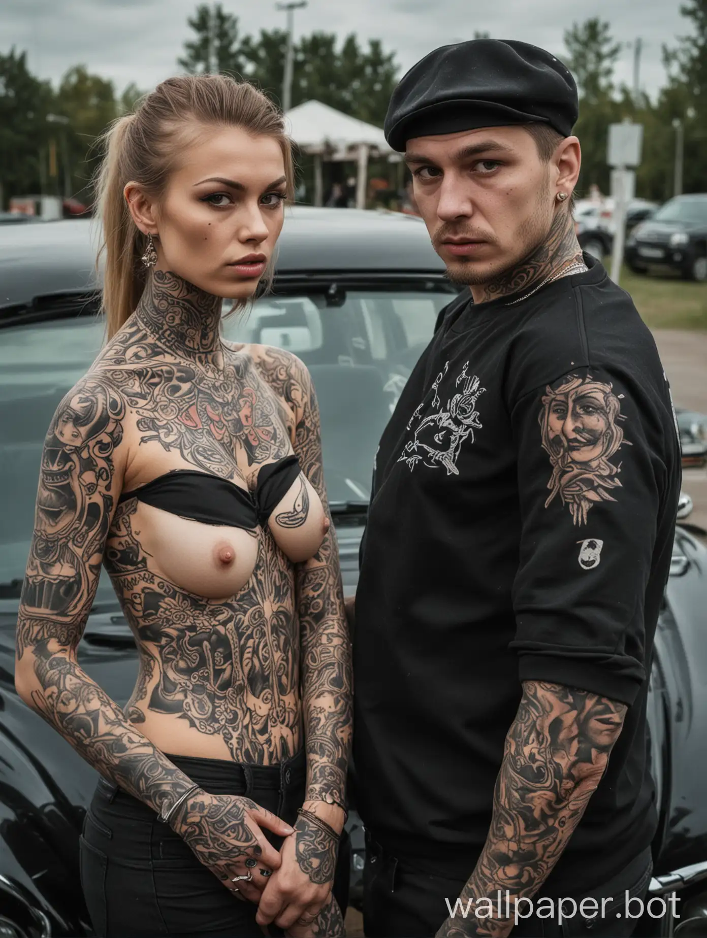 Russian mafia, man and woman, tattoo, Gelendvagen car