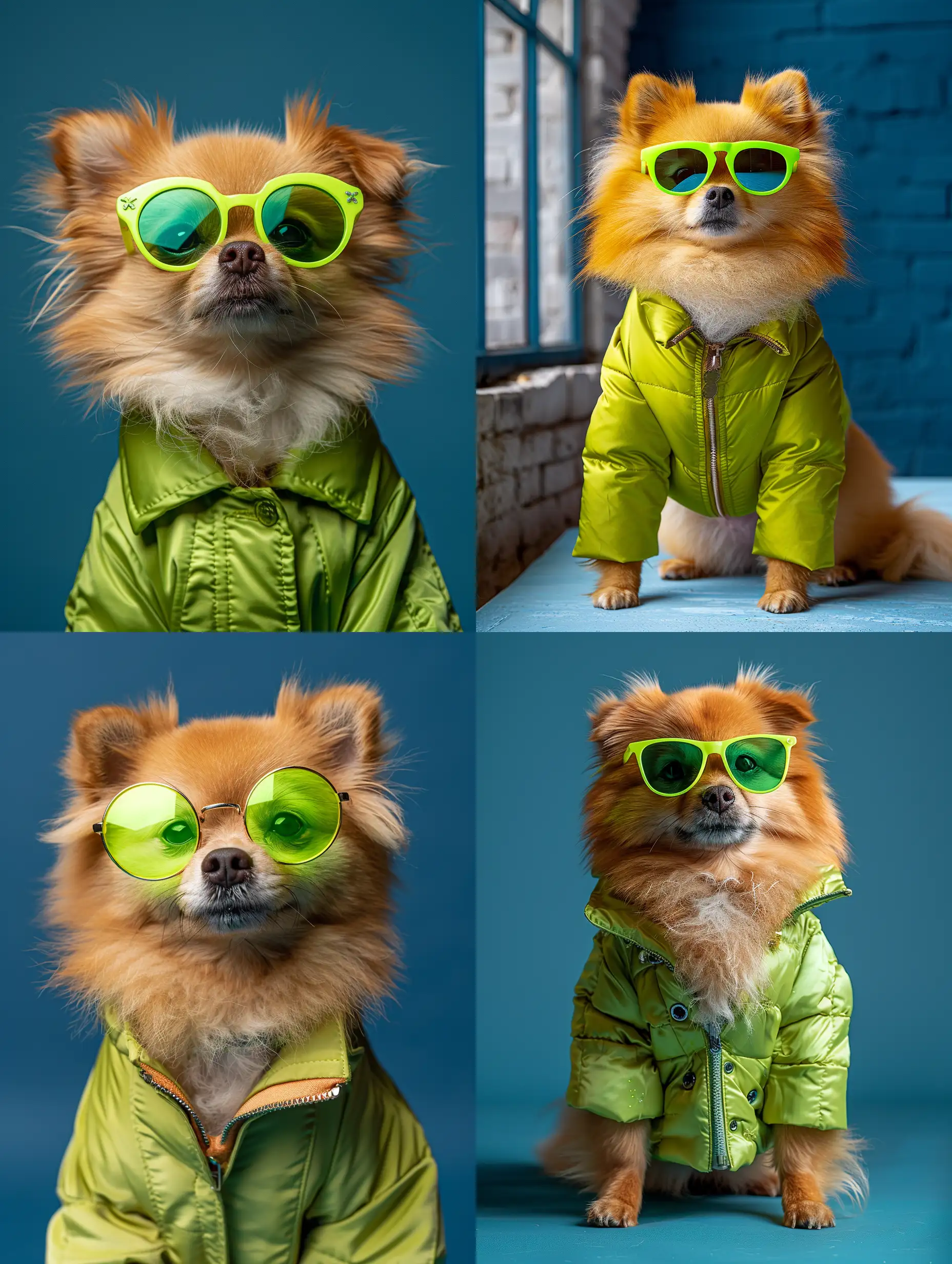 in front view, portrait of a [pomeranian] wearing a 1960s mis-century space-age fashion, backdrop is a deep, neutral blue, setting a stark contrast that accentuates the subject, Fluorescent [green] shade, wearing a very fashionable lounge coat and sunglasses are a hip 1960s style, clothing all in one color --chaos 15 --ar 3:4 --style raw --stylize 500 --v 6
