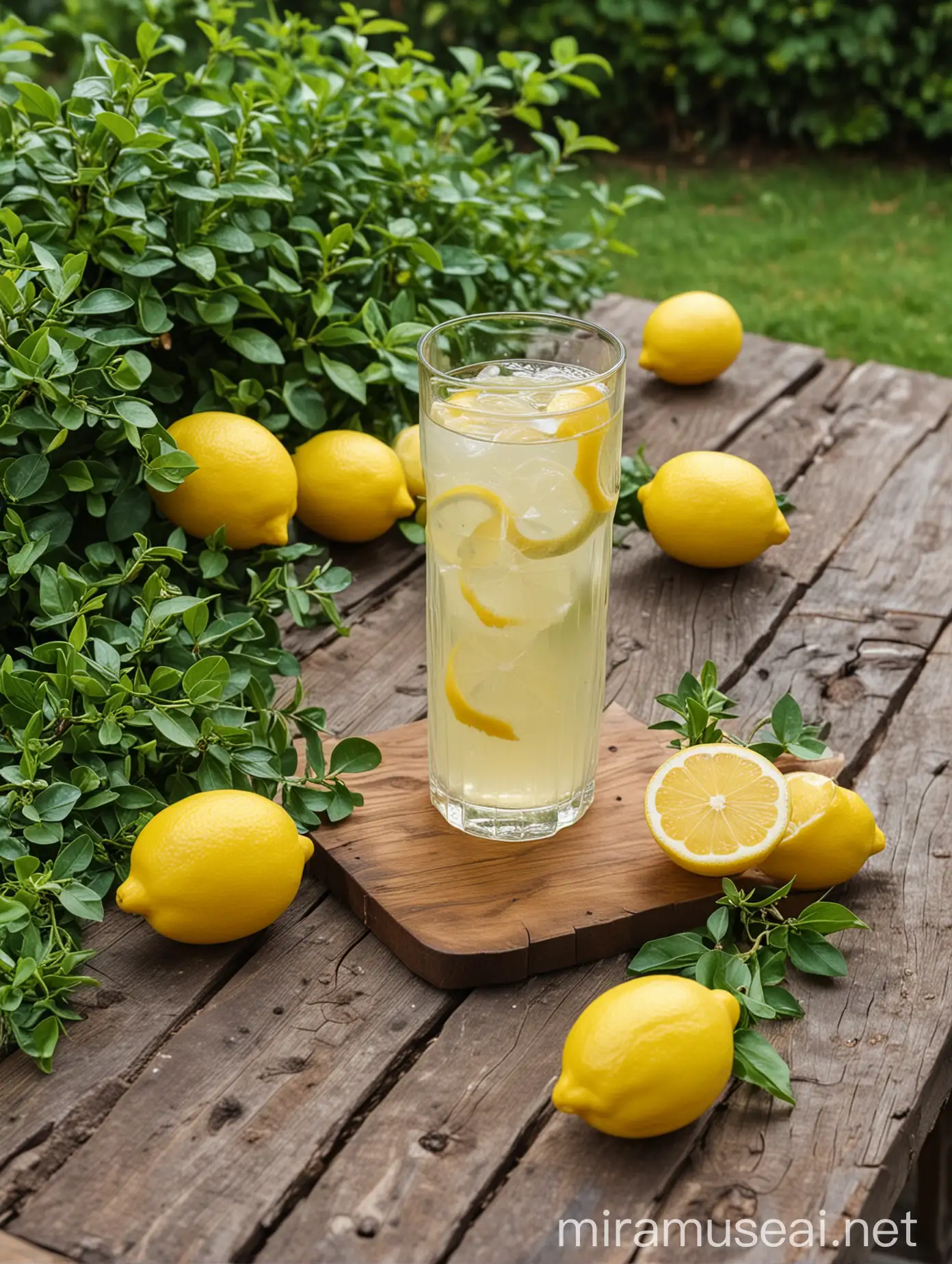 饮料与柠檬放在室外木桌上，柠檬在饮料旁边，通透明亮带绿植的室外背景