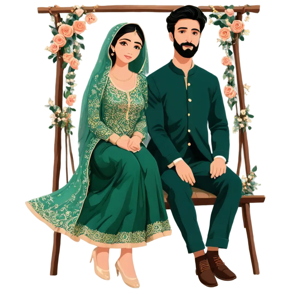 No face Pakistani mehandi cartoon illustration of a menhdi bride in full dark green dress and the groom in full white shalwar kameez dark green waist coat both sitting on a floral swing.