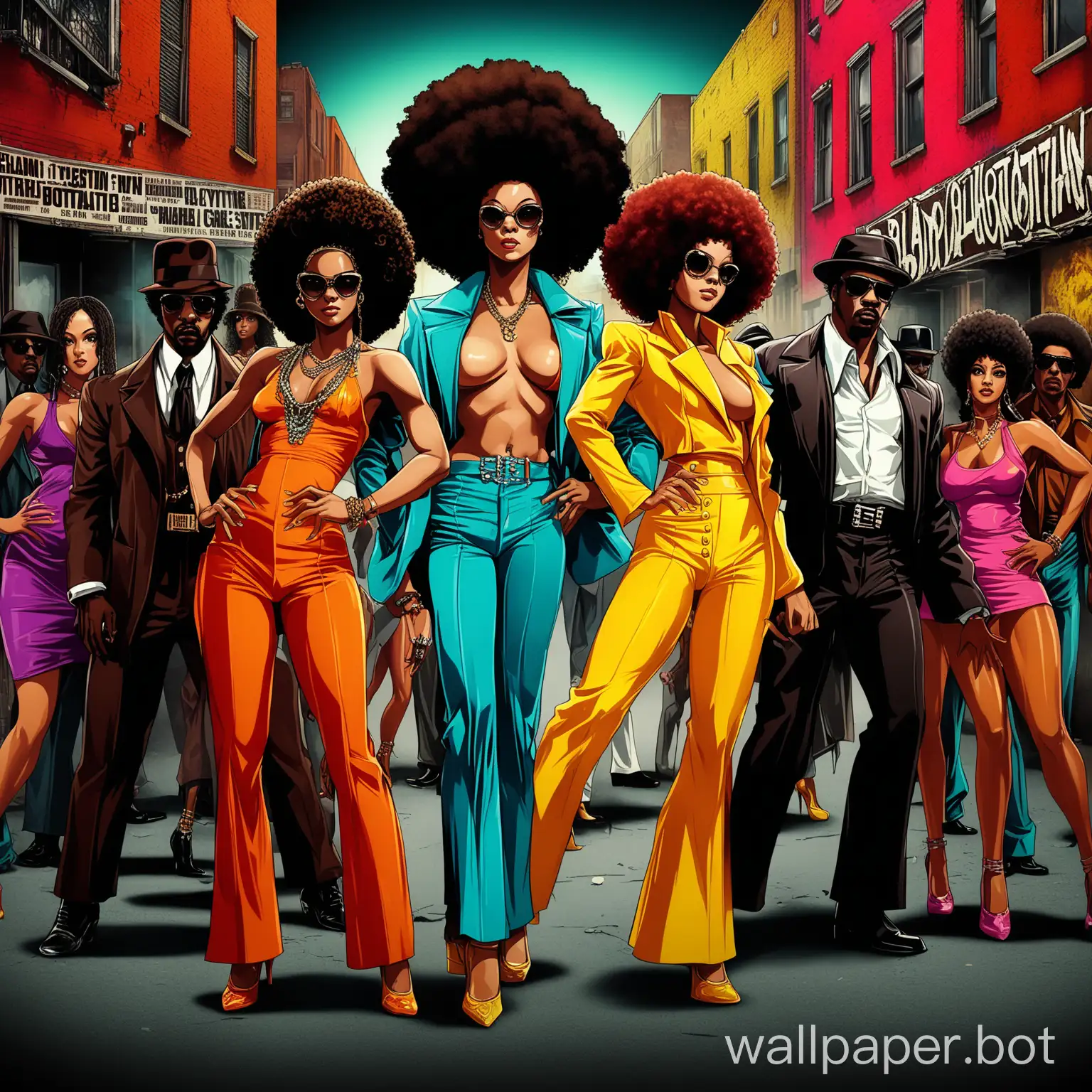 create a Blaxploitation 1970’s film poster, with Singers, dancers and gangsters, Afro Hair , illustration, vibrant colors, dynamic dramatic cinematic color, perfect background, focus, elegant, highly detailed, theatrical, colorful, ghetto, sharp, chosen, epic, best, creative, fair composition, sexy ladies