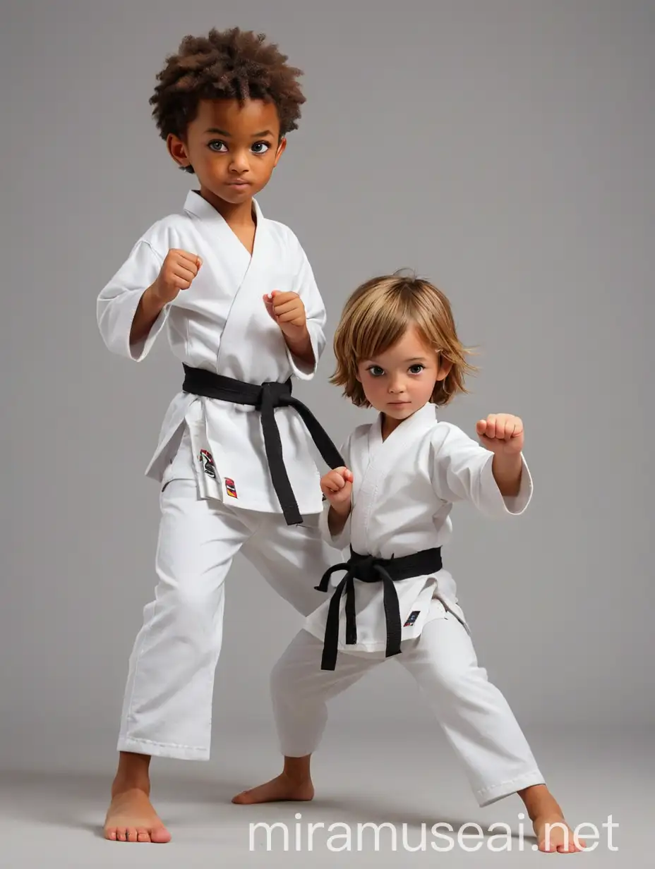 Two cute karate kids, boy is a South African, girl is a British, white uniforms, enjoy practicing, kicking, posting