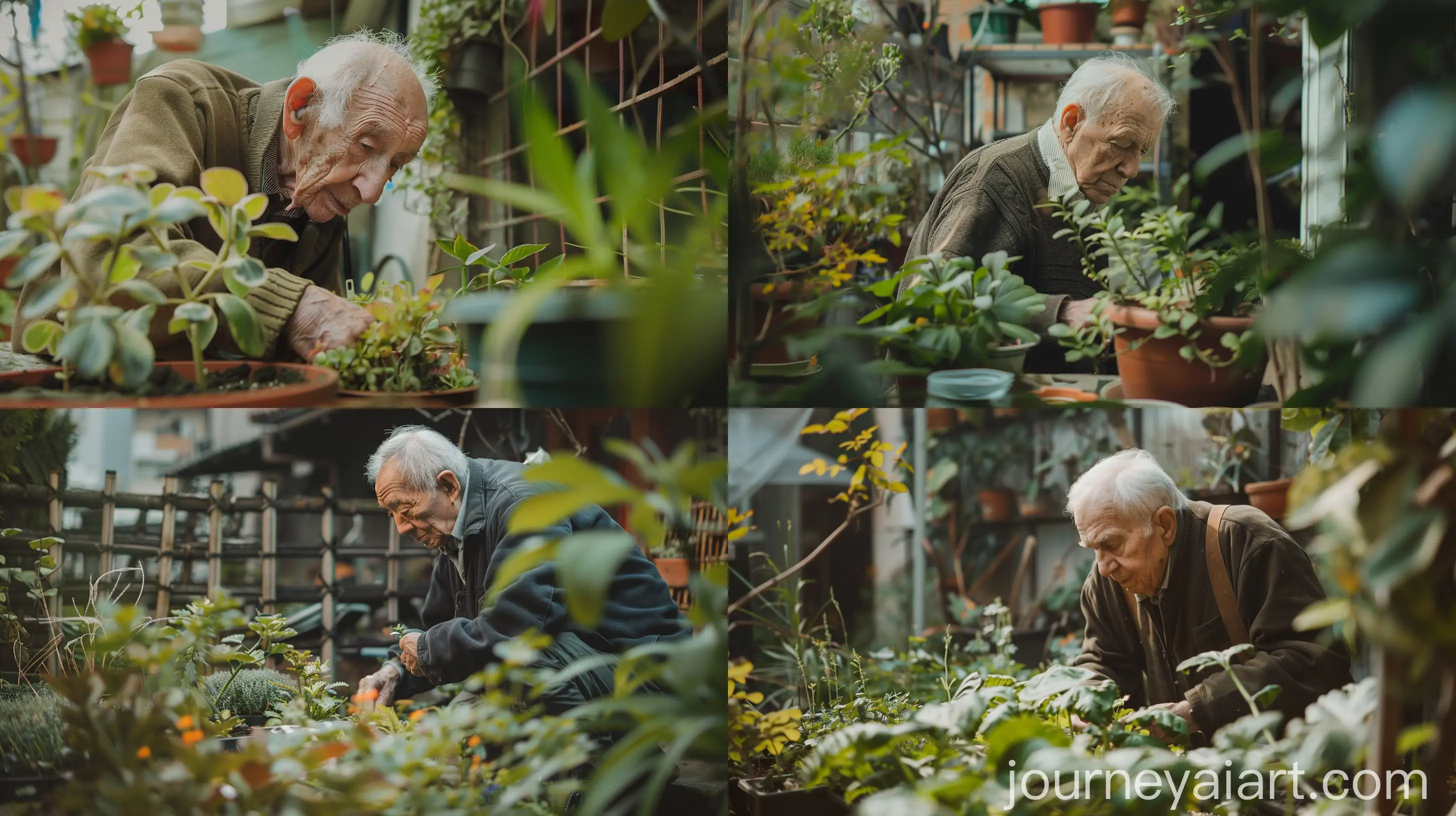 Authentic capture of an everyday moment, featuring an elderly man, highlighting quiet contemplation, in a small garden, emphasizing the serene atmosphere and delicate tending of plants, using natural daylight, inviting engagement and connection, photography --ar 16:9 --v 6 --style raw