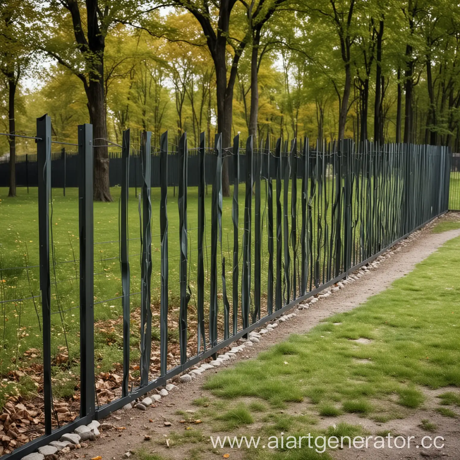 создай дизайнерский забор для парков из металла в стиле минимализм 2060 года