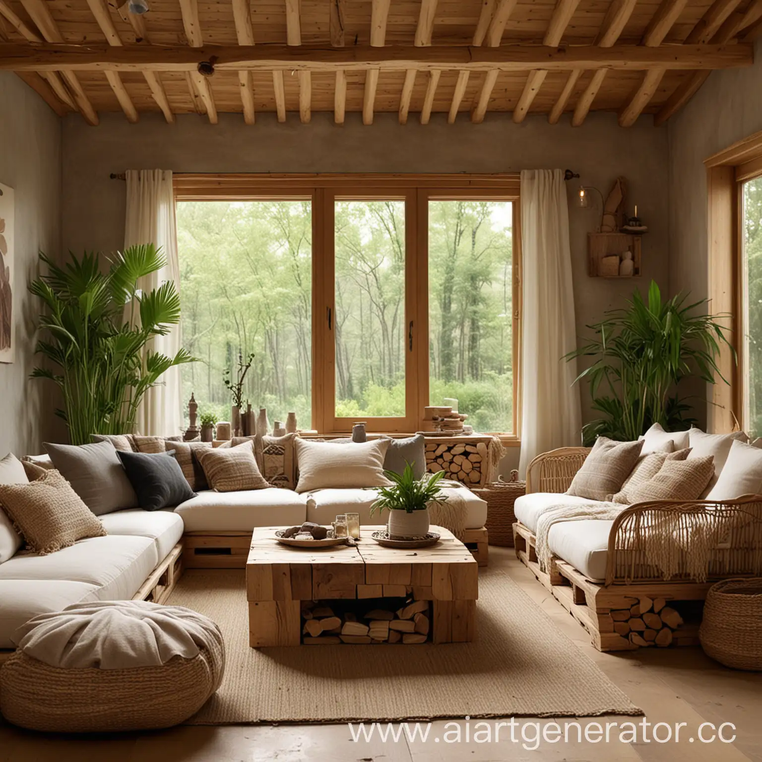 An eco-style living room is a space with natural materials, natural shades and decor elements that create a cozy and calm atmosphere. It can use wood, stone, plants, textiles made of natural fibers. Furniture can be made of eco-friendly materials such as wood, rattan or bamboo. There can be a cozy fireplace or an eco stove in the center of the room. Accents can be made in the form of textile cushions, plaids, decor items made of natural materials.