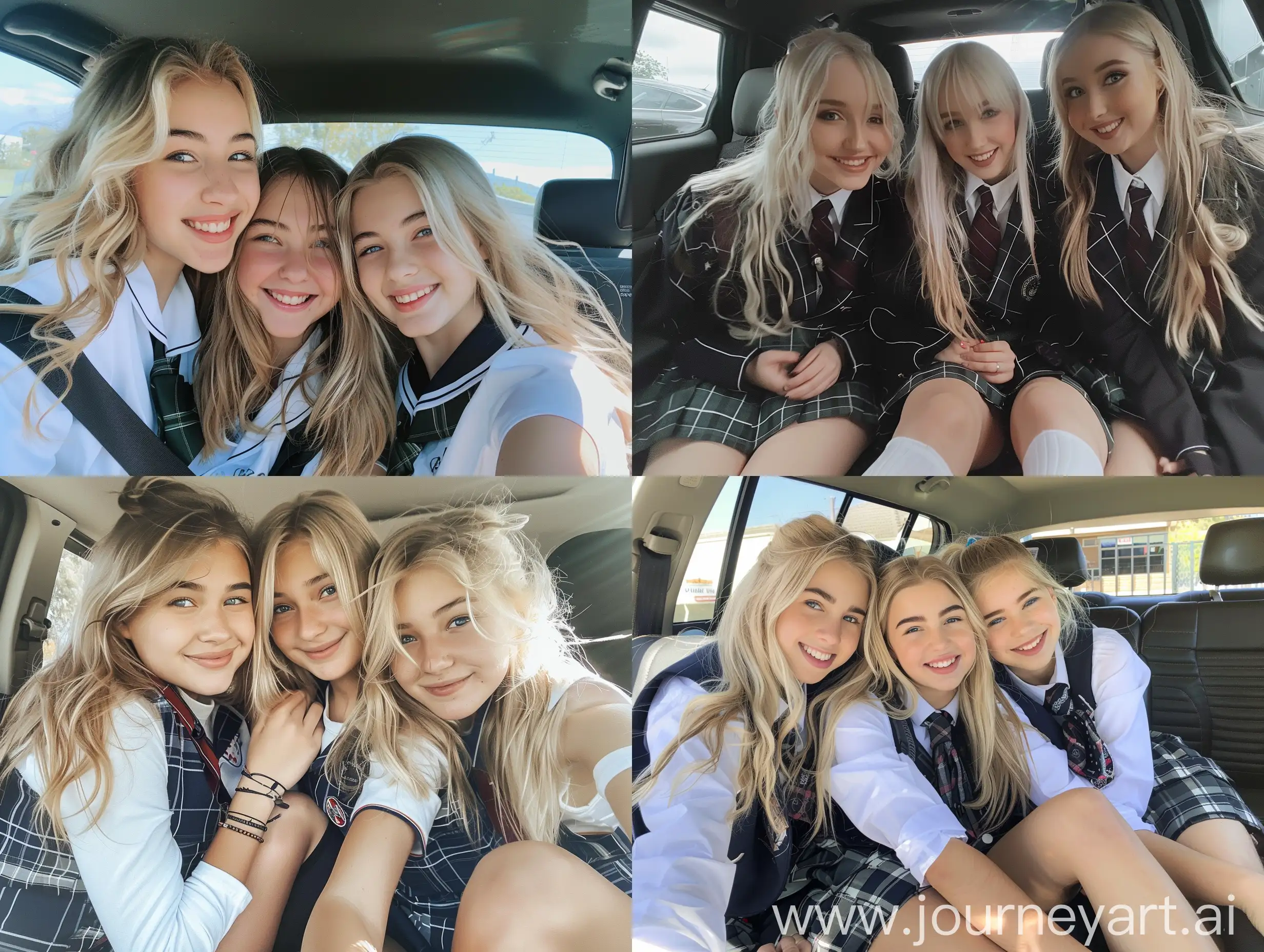 Three-Girls-in-School-Uniforms-Smiling-Inside-Car