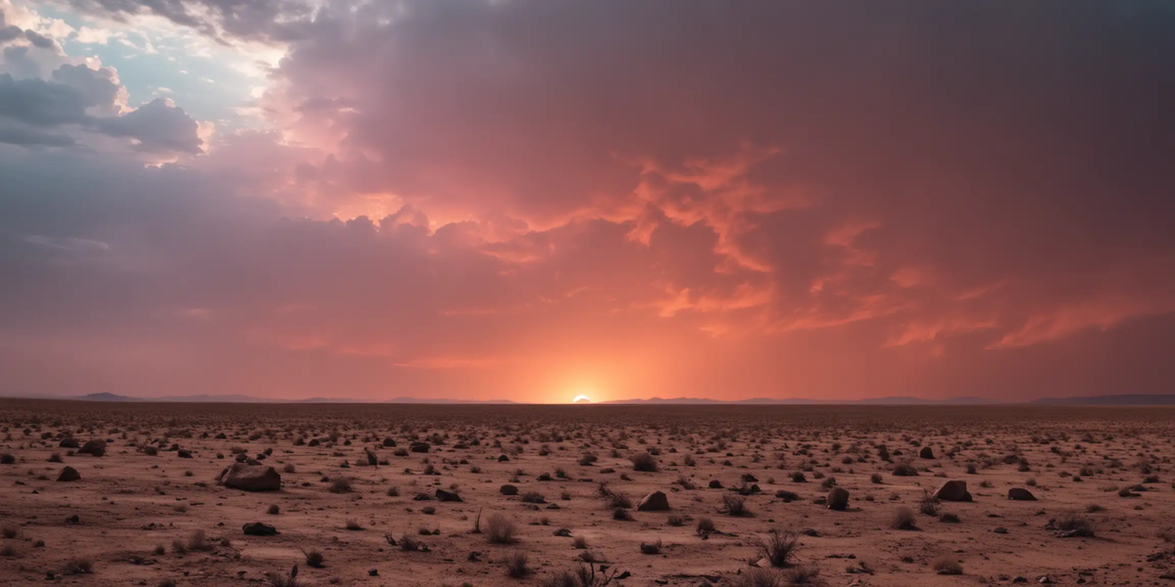 Fiery Sunset Over Barren Wasteland with Dust Storm