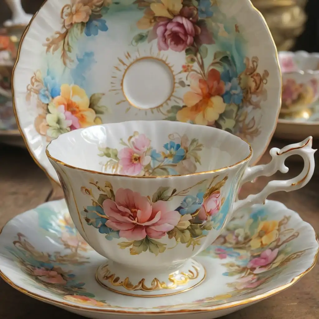 vintage English tea cup and saucer  up close  late 18th  century  summer  rococo style  water colors