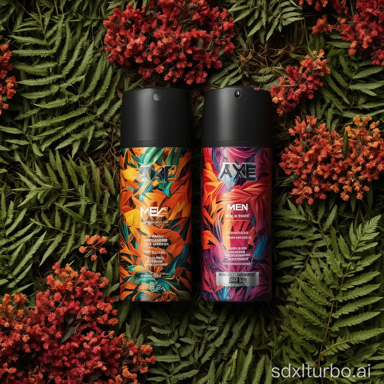 Advertisement for AXE brand men's deodorant spray colorful in nature