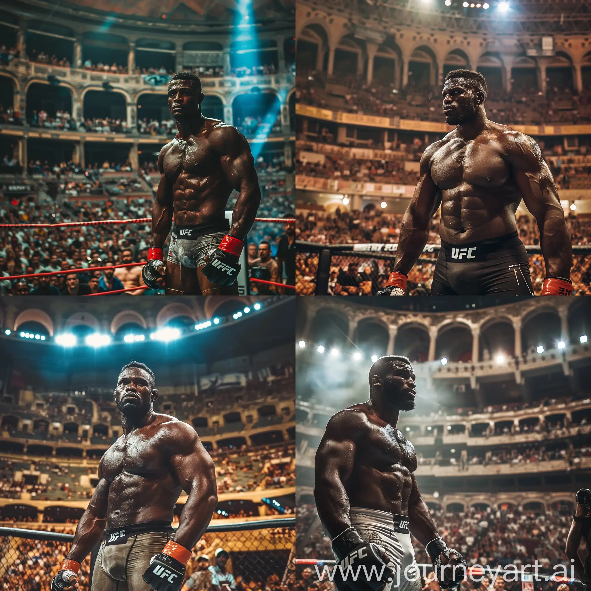 Tall, aesthetic black man, mma fighter, inside a mma ring inside a colloseum with many spectators