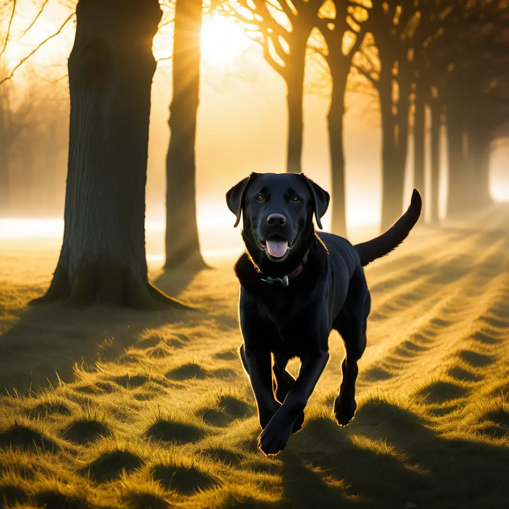 早上，太阳刚出来，在一片草地上有一条黑色的拉布拉多狗，正向我奔跑而来，强壮的尾巴高高翘起，她身后的阳光穿过几棵高大的乔木照在她的身上，像是披上了一层金光。