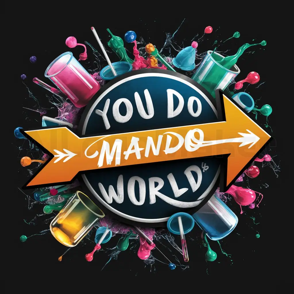 a logo design,with the text "you do world", main symbol:A wide block arrow with text saying 'MANDO', rich, Bright colors, edgy cool graffiti style text and artwork, beakers of paint, Paint cups, spilled and splashed paint, paint drops flying, messy but creative. Dark background.,complex,clear background