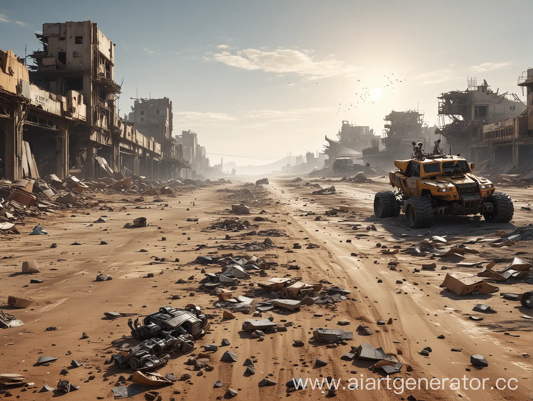 Deserted-Road-Amidst-Ruined-Buildings-in-a-PostApocalyptic-Robot-Wasteland