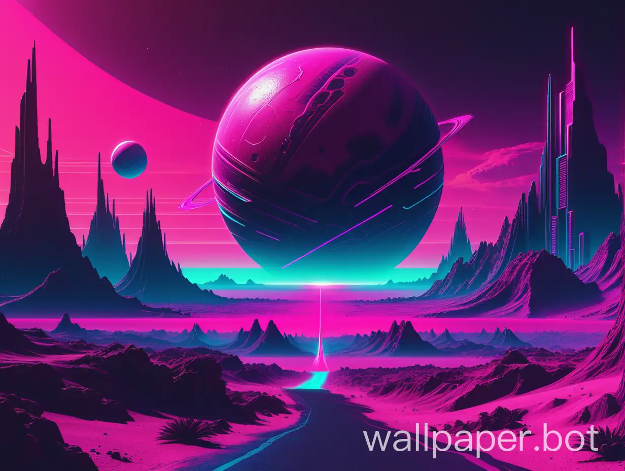 an alien planet rendered in synthwave style