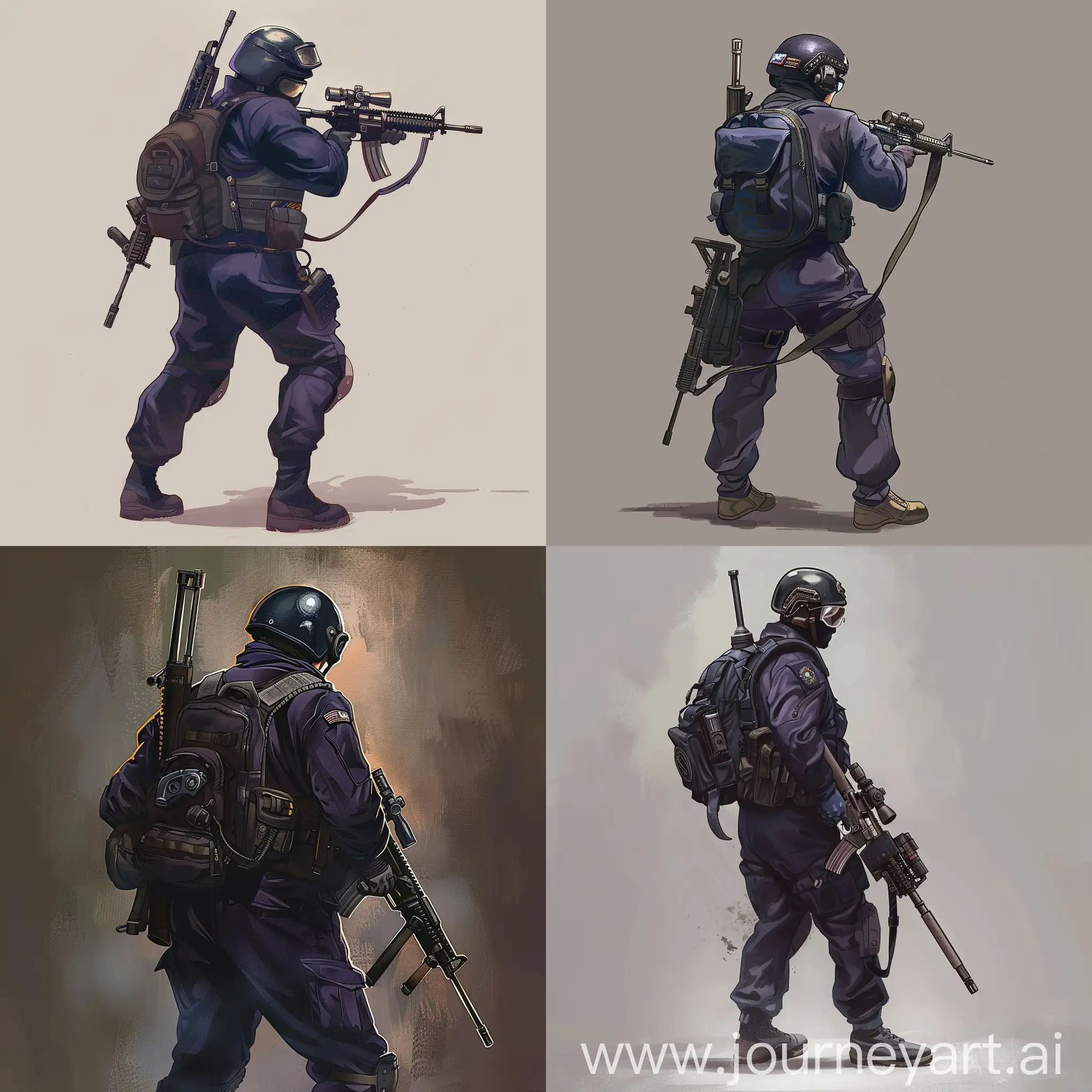 Concept character art, dark purple military jumpsuit, small military backpack, military unloading on his body, sniper rifle in his hands.