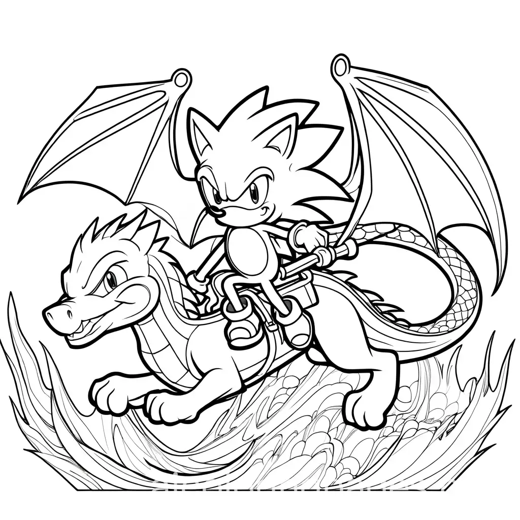sonic the hedgehog riding a dragon, Coloring Page, black and white, line art, white background, Simplicity, Ample White Space. The background of the coloring page is plain white to make it easy for young children to color within the lines. The outlines of all the subjects are easy to distinguish, making it simple for kids to color without too much difficulty