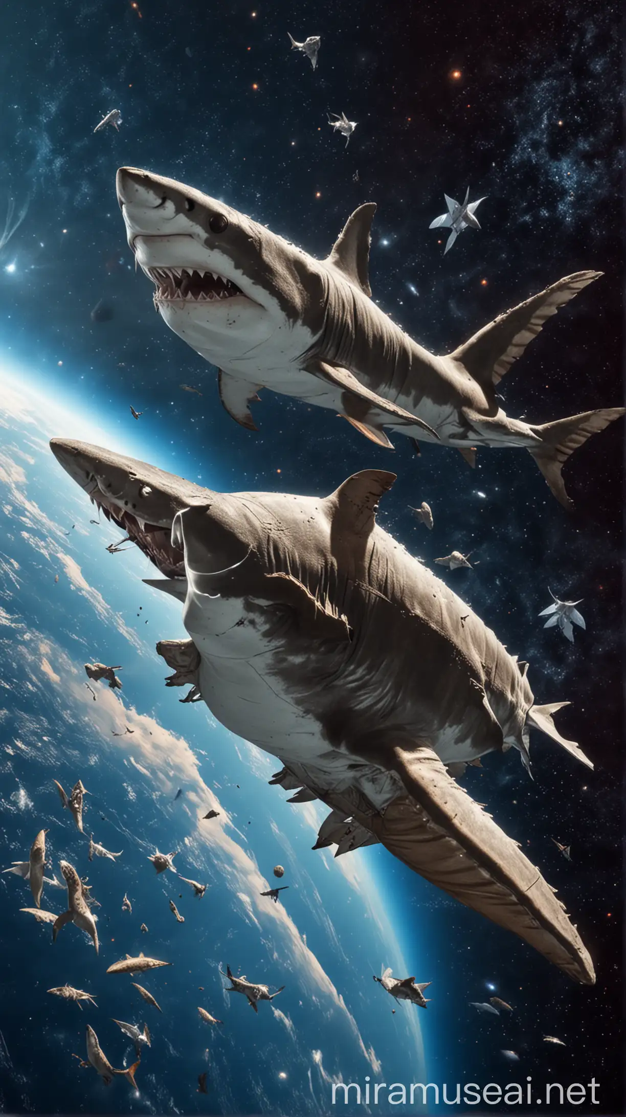 Shark Flying in Space with Wings Extraterrestrial Adventure Illustration