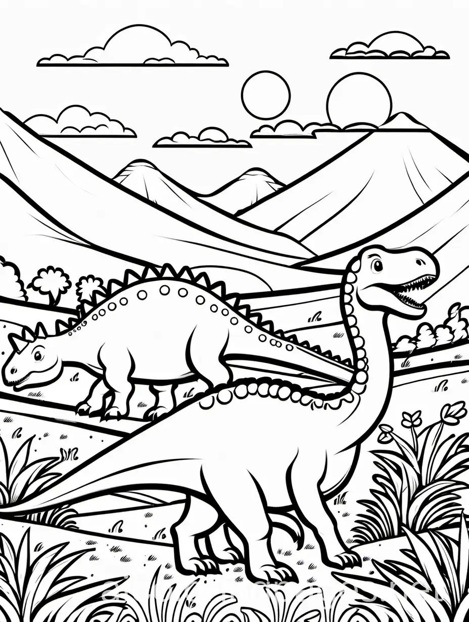 cute dinosaurs in a field , Coloring Page, black and white, line art, white background, Simplicity, Ample White Space. The background of the coloring page is plain white to make it easy for young children to color within the lines. The outlines of all the subjects are easy to distinguish, making it simple for kids to color without too much difficulty