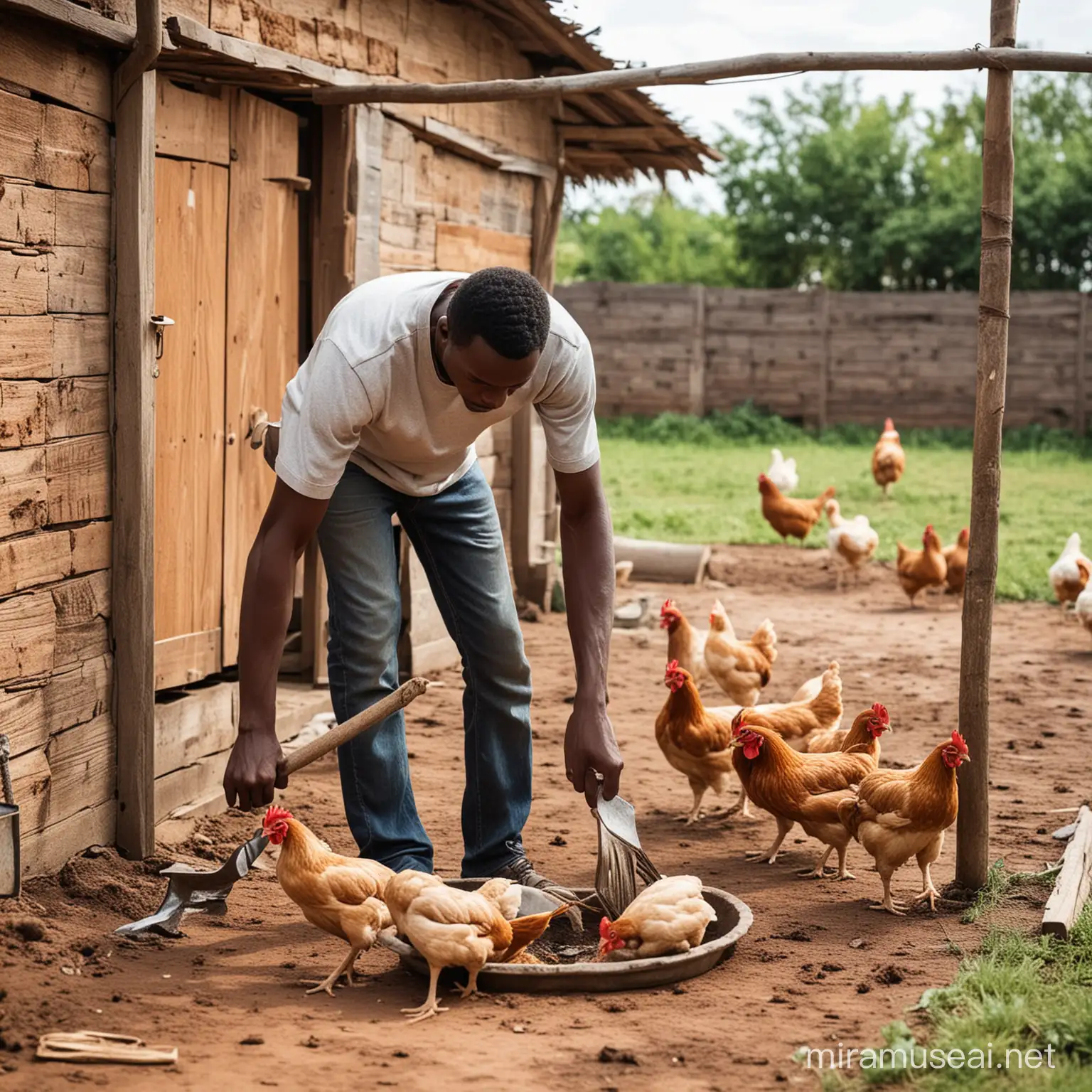 Picture of African man Clean the chicken house