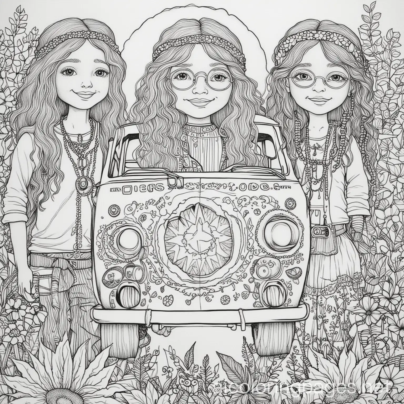 Hippies coloring pages, Coloring Page, black and white, line art, white background, Simplicity, Ample White Space. The background of the coloring page is plain white to make it easy for young children to color within the lines. The outlines of all the subjects are easy to distinguish, making it simple for kids to color without too much difficulty