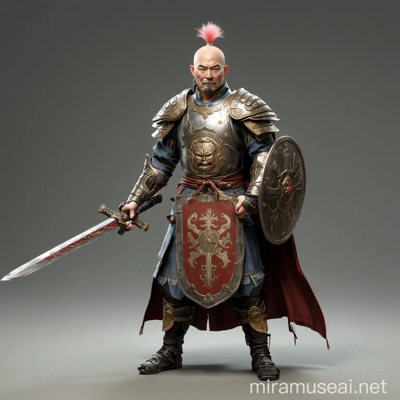 Fool mid age semi-bald Chinese paladin with sword and shield looking ridicoulus
