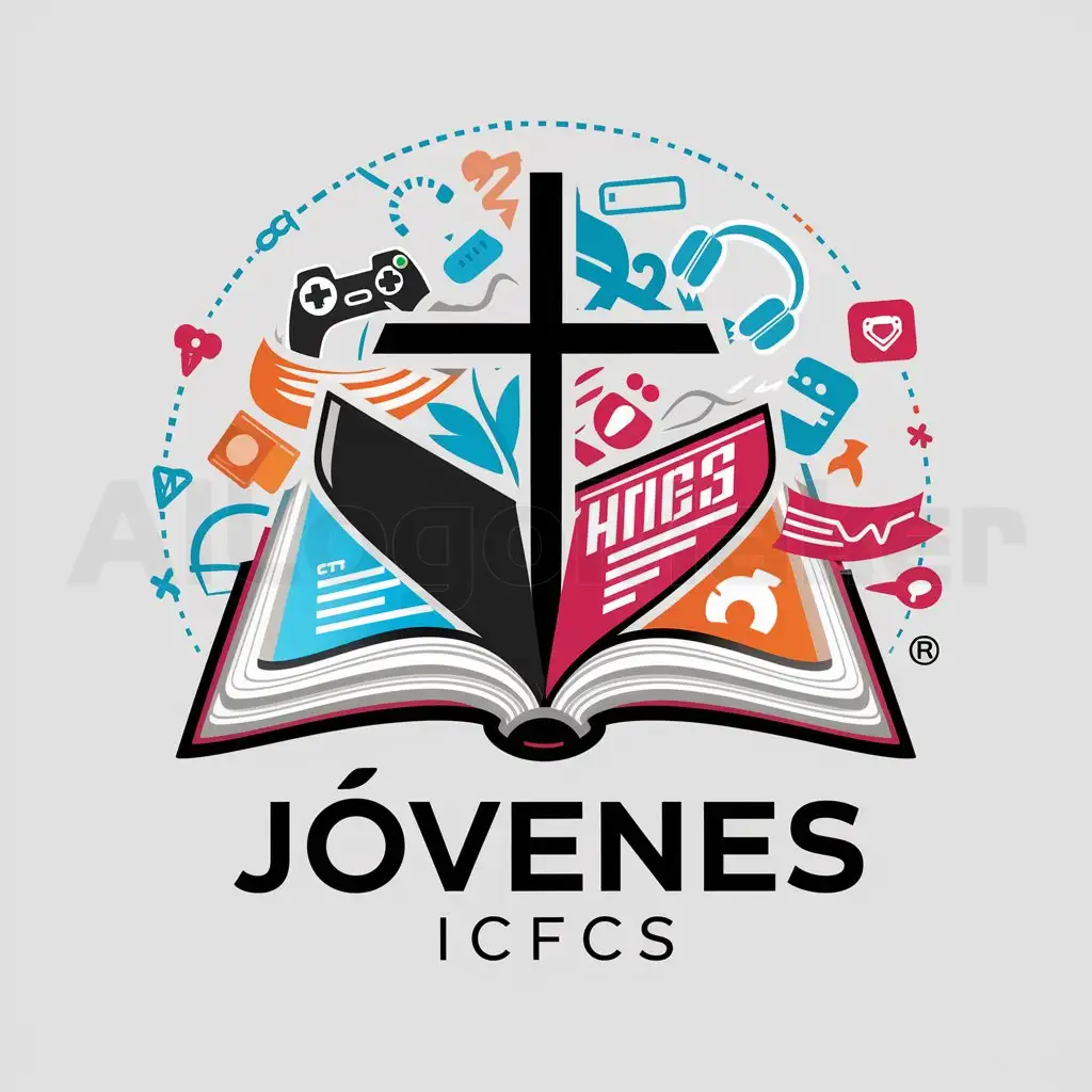 a logo design,with the text "Jóvenes ICFCS", main symbol:The Bible and the cross, WITH current elements of pop culture for young people.,complex,be used in Religious industry,clear background