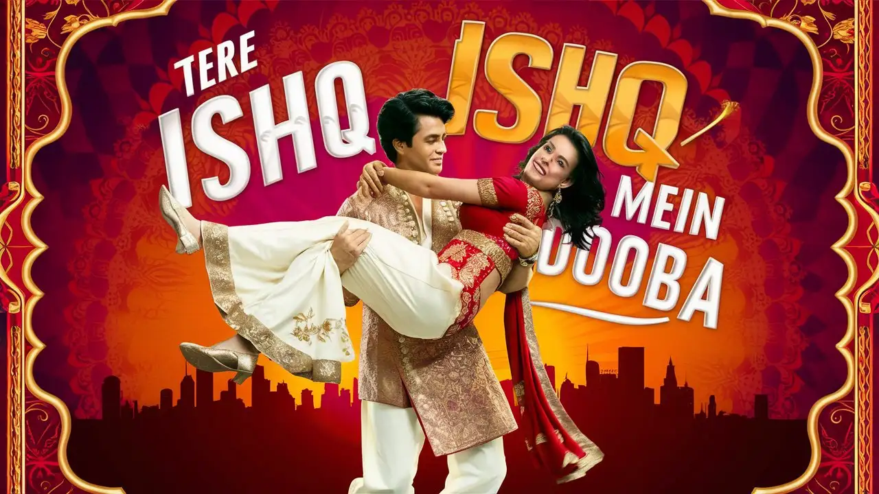 Romantic Couple Embracing in Vibrant Bollywood Poster Tere Ishq Mein Dooba