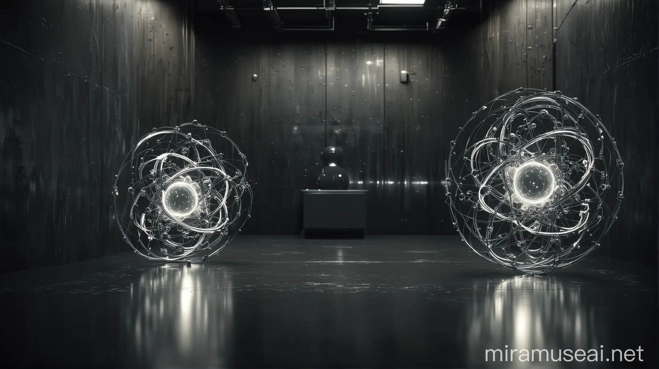 Two glowing atoms in a dimly lit, futuristic room with dark metallic walls. The atoms are interacting through visible quantum waves, illuminating the space with bright white light, blending old scientific aesthetics with advanced technology
