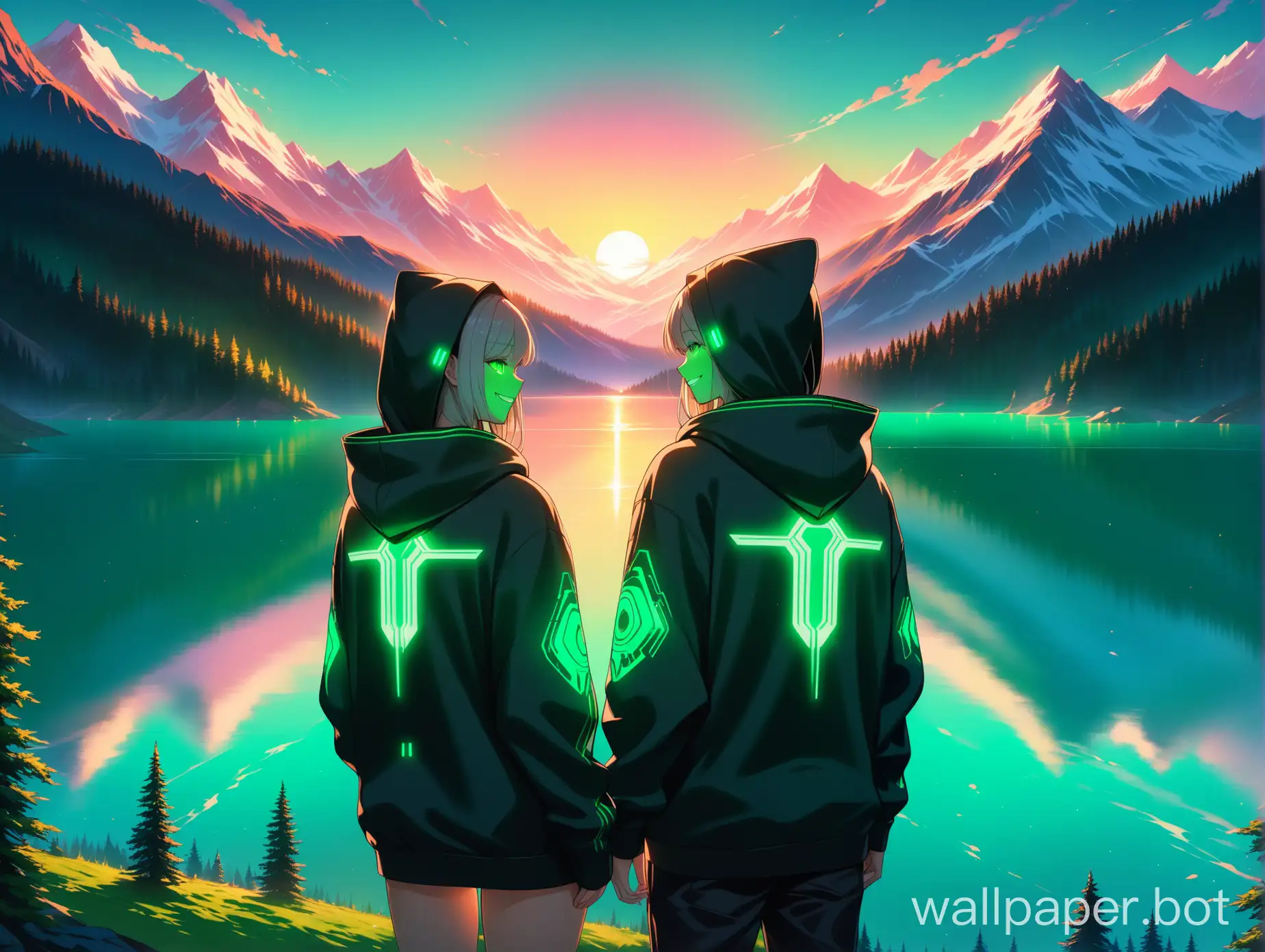 high-res, masterpiece, 4k, 8k, lake, mountain, forest, sunset, green cyber, futuristic, boy and girl in black hoodies, glowing green smile on the back of hoodie
