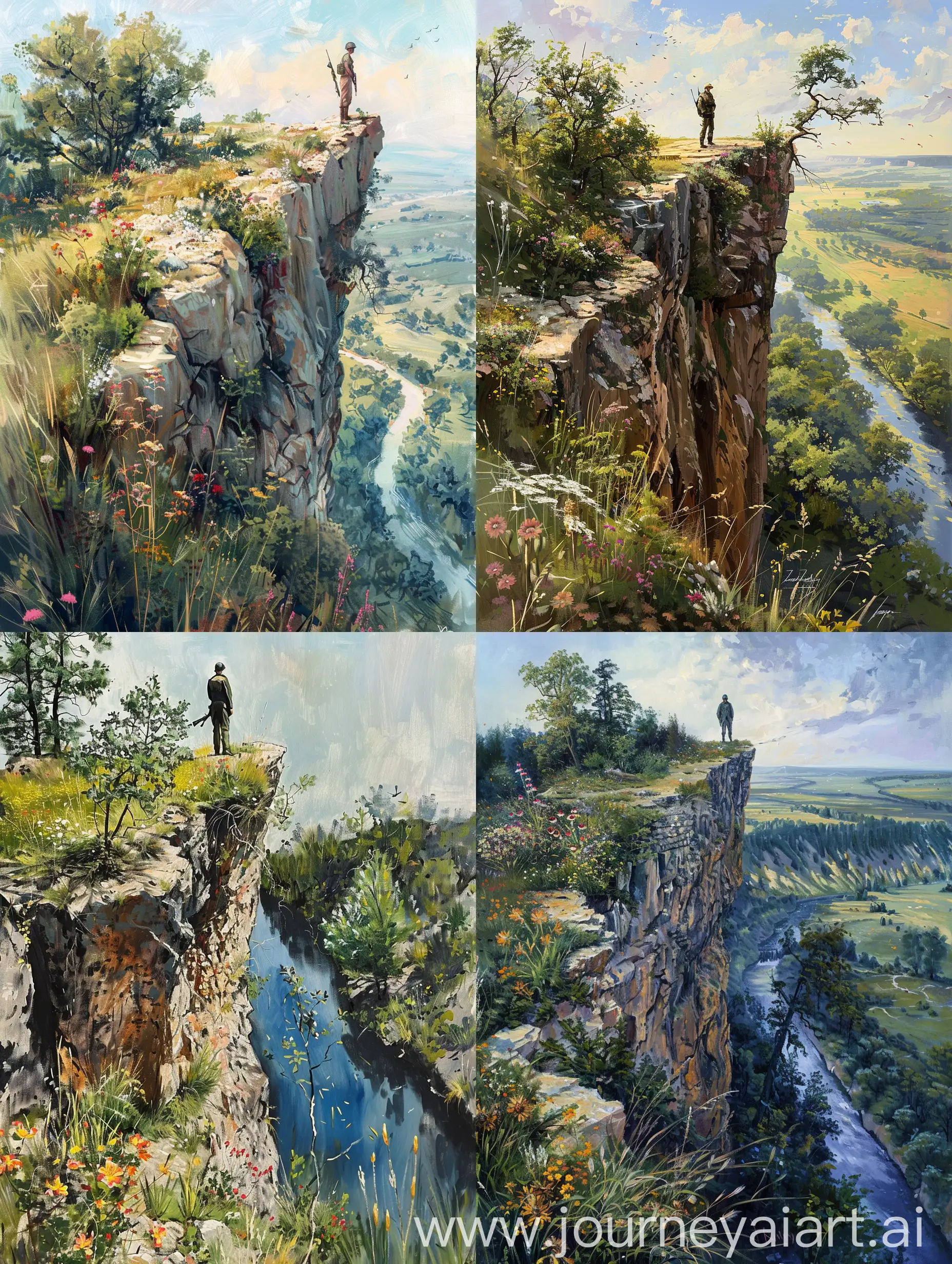 Realism painting of a soldiers standing on tje edge of  a high cliff,drone shot,below is a river,Trees,flowers,grasses,wide angle